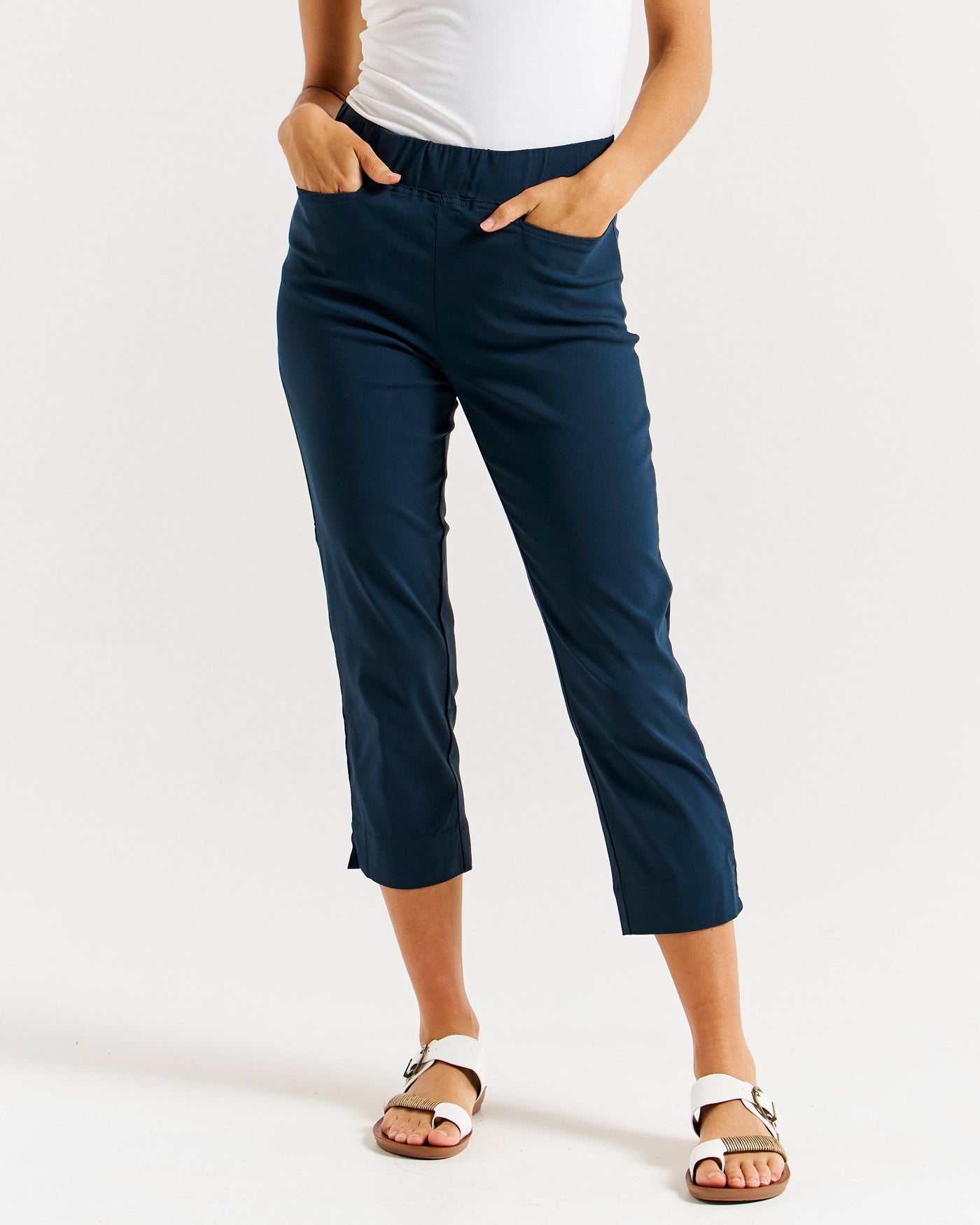 Betty Basics Women's Navy Blue High Waisted Crop Bengaline Pants - Comfortable Stretchy Work Pants for Office, Business Casual & Everyday Wear