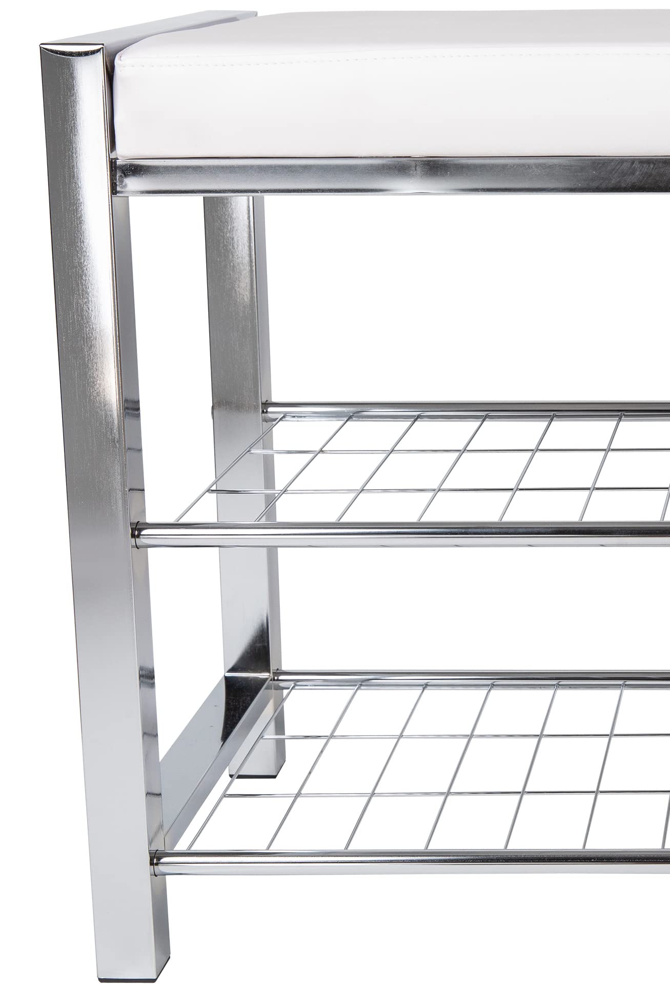 Danya B White Leatherette Storage Entryway Bench with Chrome Frame - Modern Hallway Bench with Shoe Storage, Perfect for Entryway, Living Room, Bedroom & Mudroom Organization