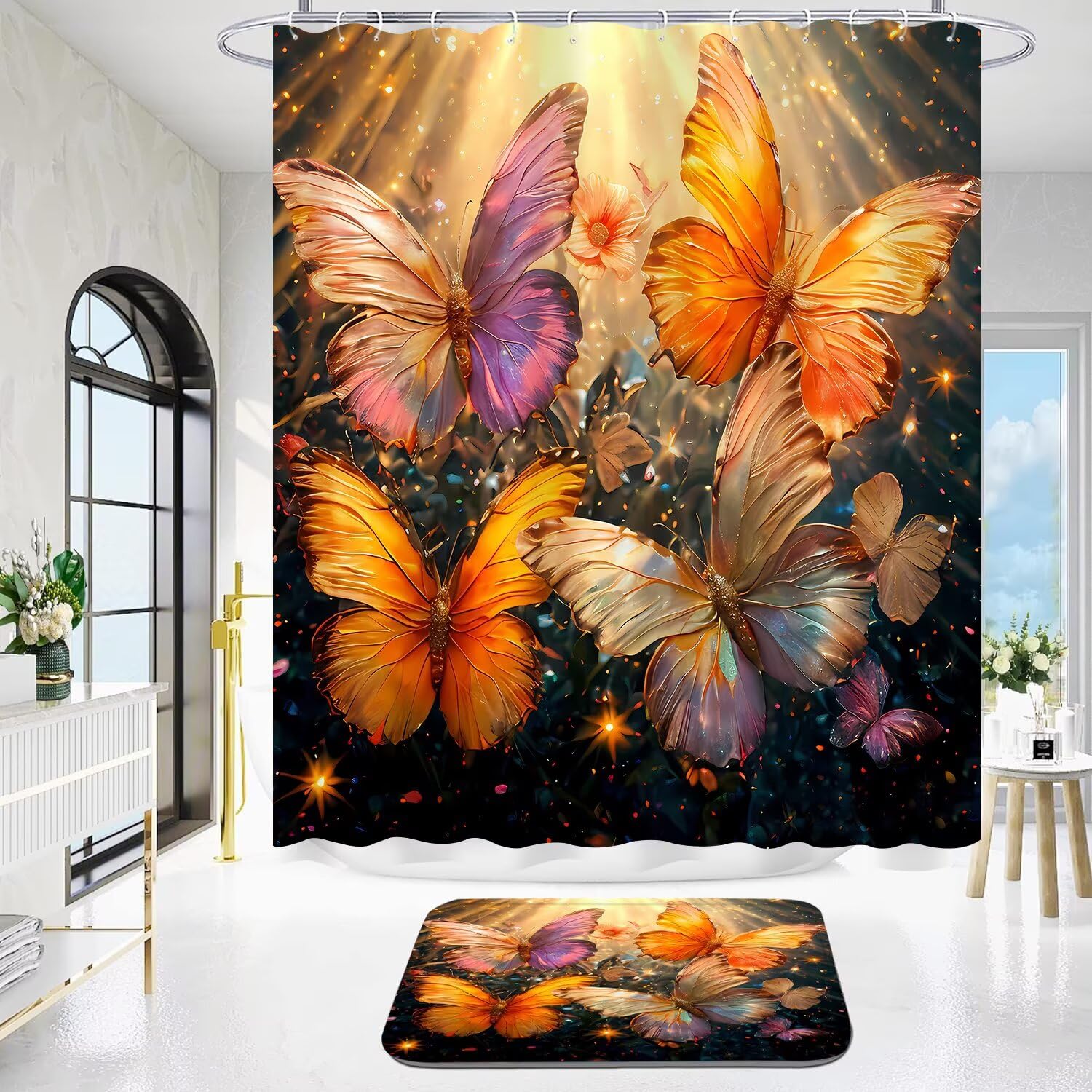 4Pcs Gold Butterfly Shower Curtain Set - Elegant Bathroom Decor with 12 Hooks, Rugs & Toilet Lid Cover - Waterproof Luxury Bath Accessories for Modern Home & Spa-Like Bathroom Experience
