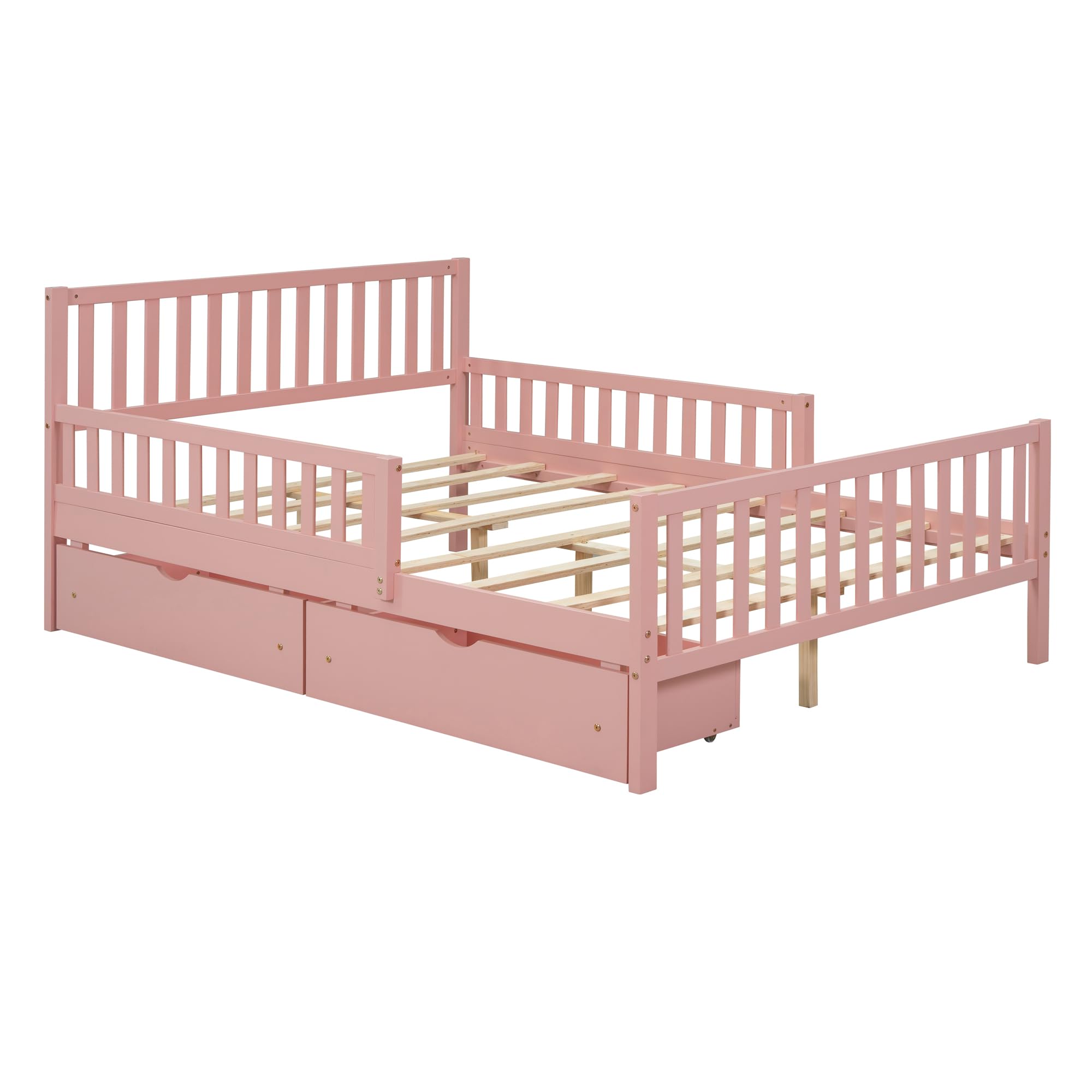 Pink Kids Full Bed Frame with Guardrails, Low Platform Bed with Headboard & Footboard, 2 Storage Drawers - Safe Toddler Bed for Boys & Girls - Perfect for Bedrooms, Daycare & Sleepovers