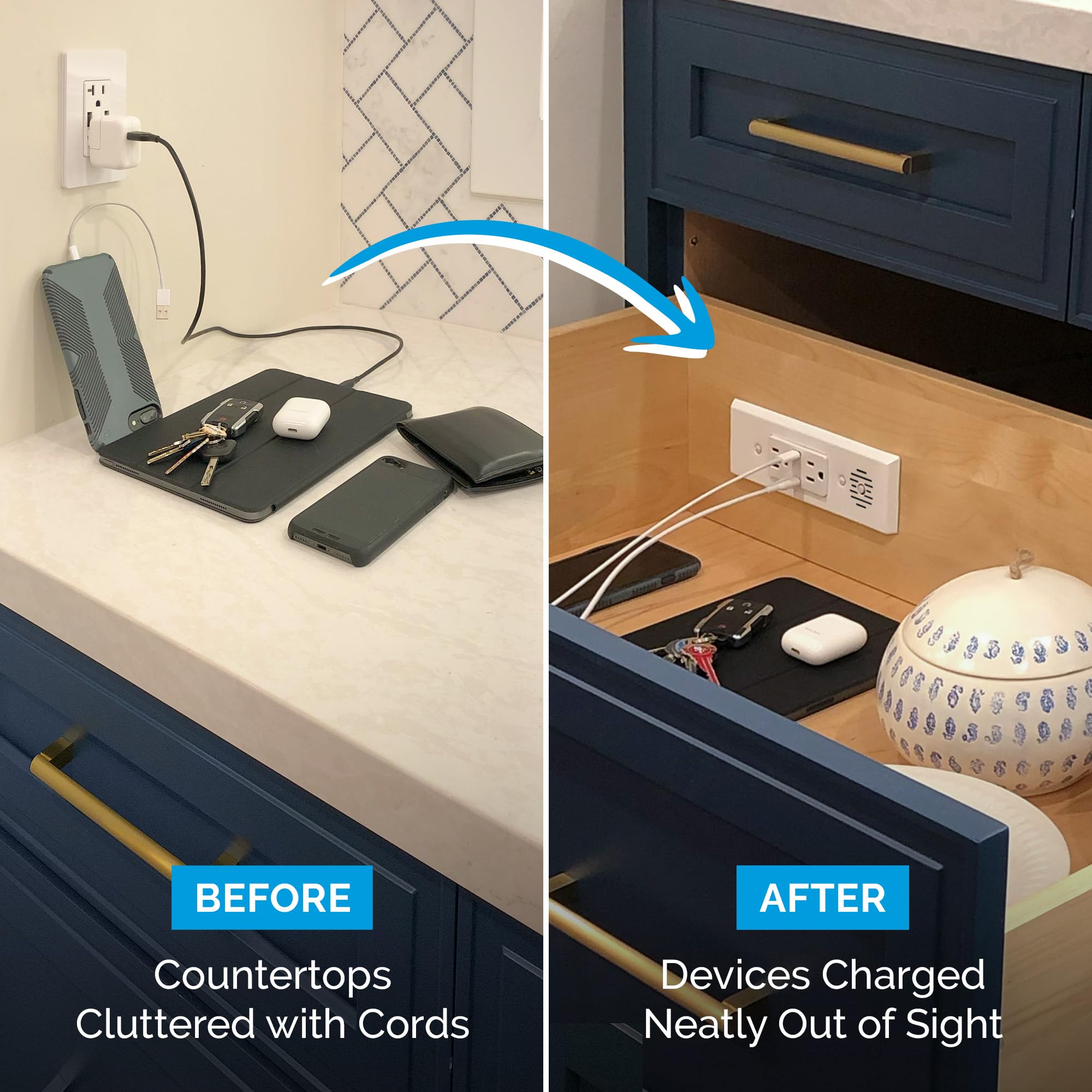 Docking Drawer Blade In-Drawer Outlet with Safety Shutoff - 2x 30W USB-C & 2x 15A AC Outlets - White | Perfect for Kitchen, Office & Bedroom Organization