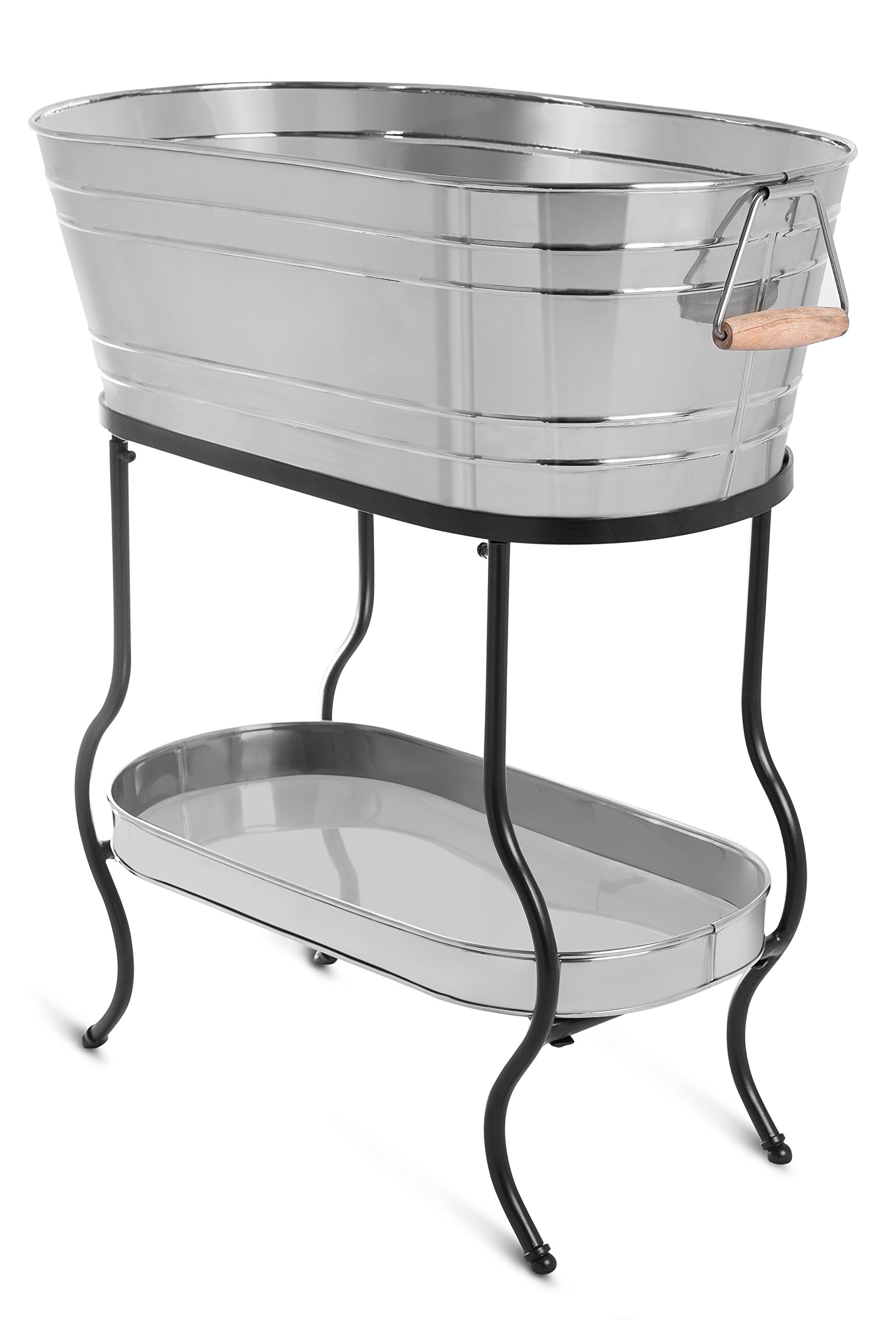 Premium Stainless Steel Beverage Tub with Stand - Oval Ice Bucket for Parties, Outdoor & Indoor Use - Includes Wooden Handles & Bottom Tray - Perfect for BBQ, Picnics, Weddings & Entertaining