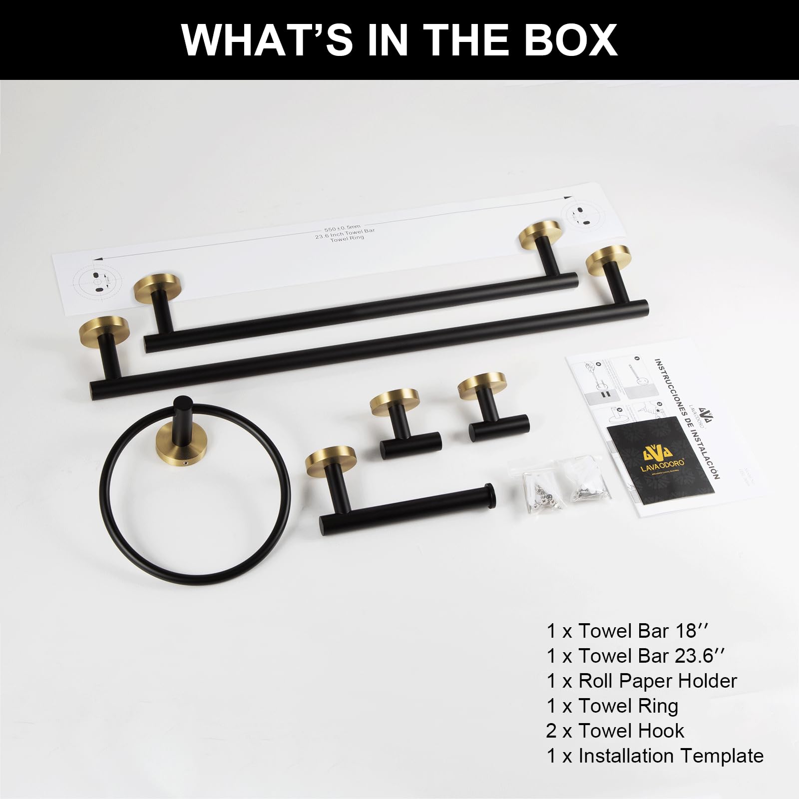 Lava Odoro Black Gold 6-Piece Bathroom Hardware Set - 23.6 Inch Stainless Steel Towel Bar, Holder & Rack Wall Mounted - Modern Bathroom Accessories for Home, Hotel & Spa Decor