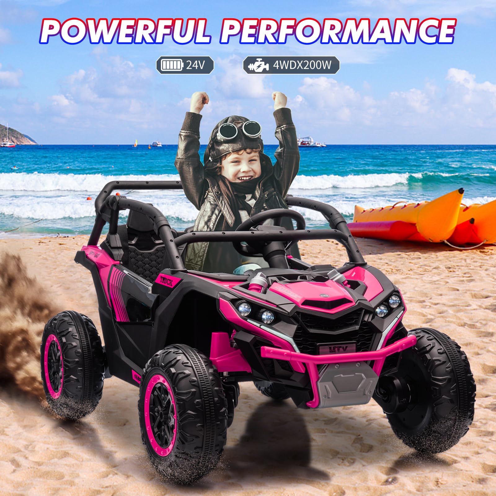 GARVEE 24V Kids Ride On UTV - 2 Seater 4WD Electric Truck with Parent Remote Control, Dual Speed Modes, LED Lights & Shock Absorbers | One-Touch Start, Built-in Music Player (Rose Pink) - Perfect for Outdoor Adventures, Backyard Play & Birthday Gifts for Boys & Girls Ages 3-8