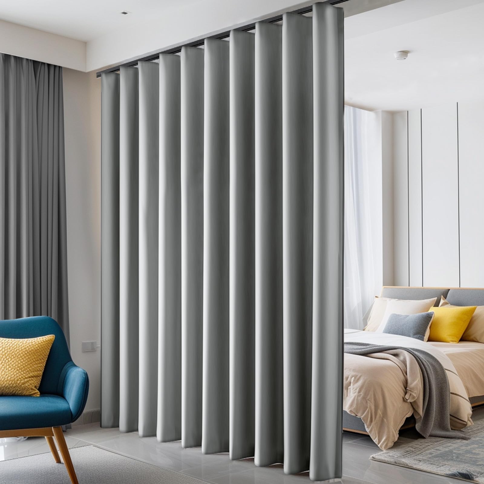 Blackout Room Divider Curtains - Soundproof Ceiling Track Curtains with Hooks for Wall & Floor Separation (Light Grey, 180