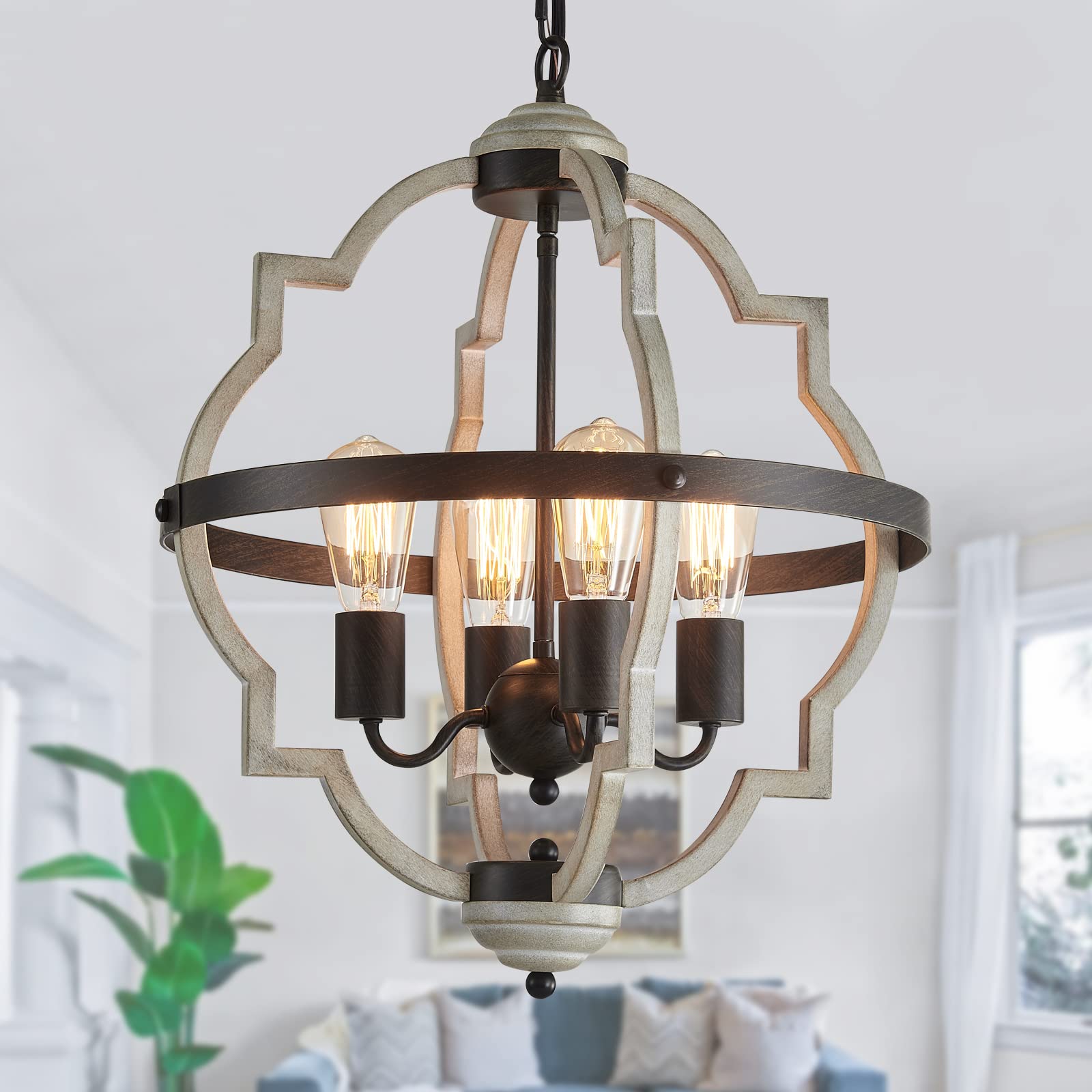 Rustic Farmhouse Chandelier - ORB & Oak Finish 4-Light Vintage Pendant Lighting Fixture for Kitchen, Dining Room, Living Room & Entryway | UL Listed | Perfect for Country Style Home Decor & Cozy Gatherings