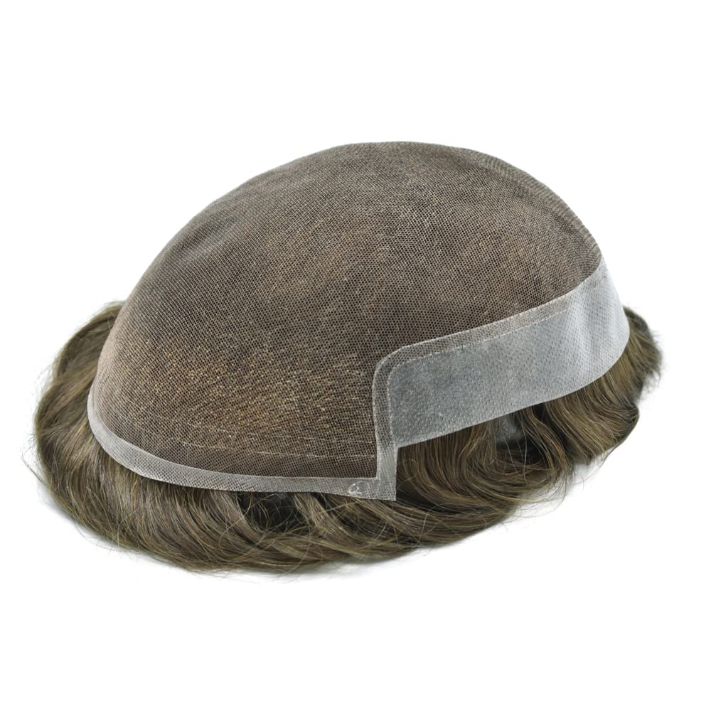 Natural Swiss Lace Men's Toupee - 100% Human Hair Replacement System with Bleached Knots & PU Base | 8x10 Inch Light Medium Density Wig (Color 7# Very Light Brown) | Perfect for Daily Wear, Special Occasions & Hair Loss Solutions
