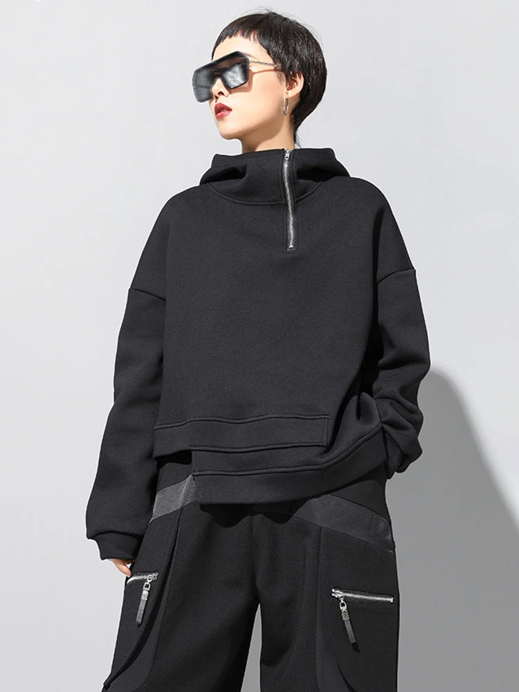 Black Distressed Hem Zip-Up Hoodie for Women - Oversized Long Sleeve Pullover Sweatshirt | Trendy Streetwear for Spring & Fall 2025 | Perfect for Casual Outfits, Layering, and Everyday Comfort