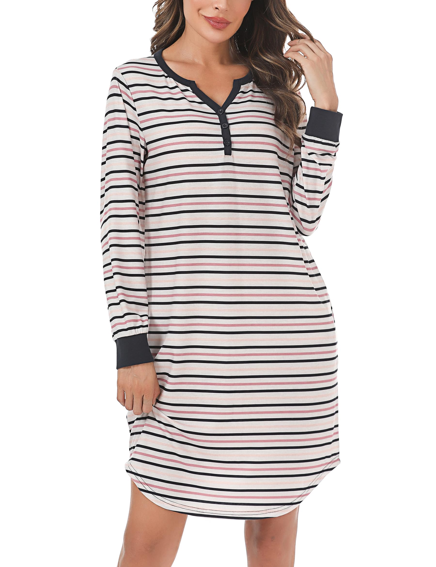 Nieery Women's Long Sleeve V-Neck Striped Nightgown - Ultra Soft Cotton Nightdress with Pockets for Ladies | Perfect for Sleepwear, Lounging & Cozy Nights at Home