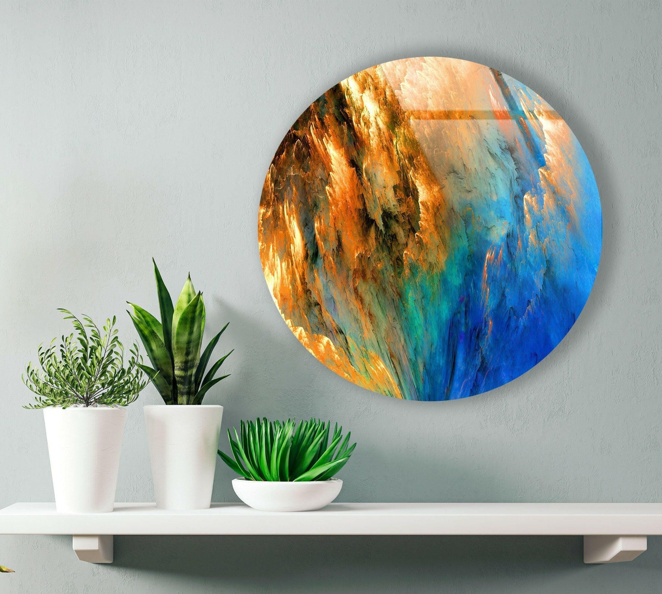 Blue & Orange Abstract Round Glass Wall Art Decor - Modern Handmade Glass Mosaic for Living Room, Bedroom, Office & Dining Area