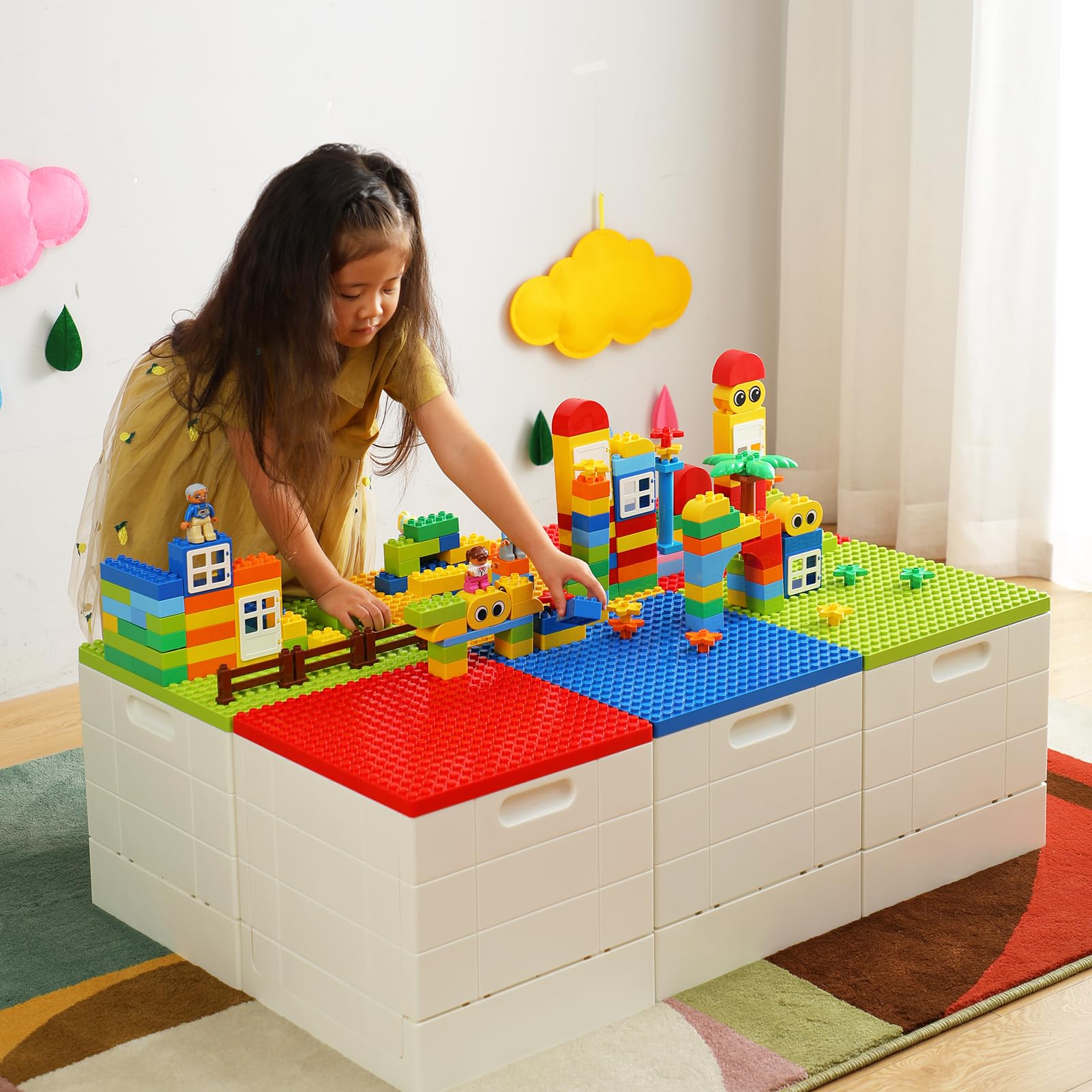 SHIMOYAMA 26 Qt Folding Storage Box with Building Baseplate Lid - Collapsible Toy Organizer for Duplo Blocks & Mega Bloks - 25L Kids Bricks Storage Bin (Yellow) - Perfect for Playroom Organization & LEGO Storage Solutions