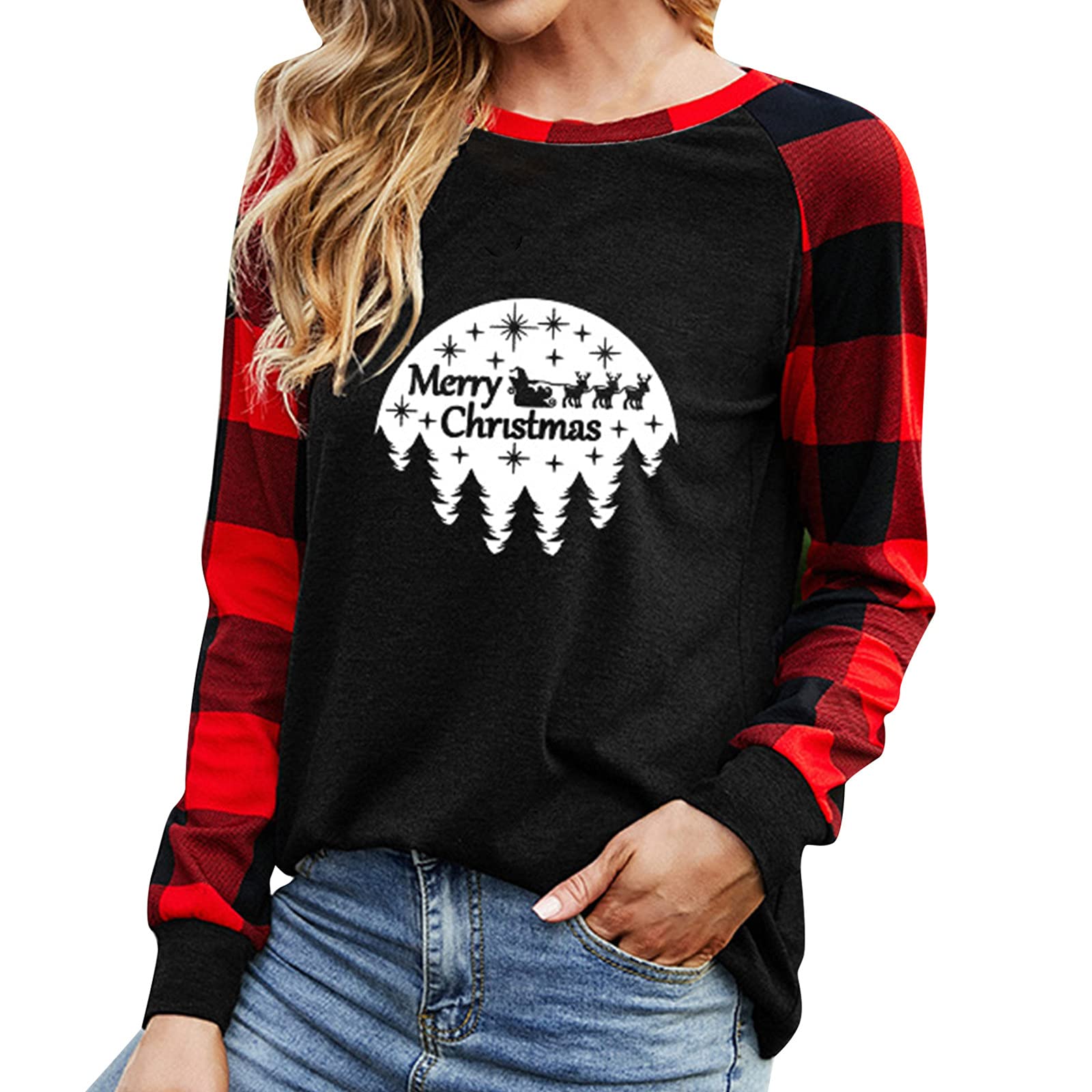 Women's Plaid Christmas Sweatshirt - Merry Christmas Print Long Sleeve Raglan Tee for Fall | Cozy Holiday Outfit & Casual Winter Wear