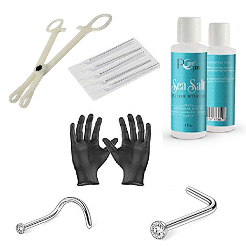 10PCS Professional Nose Piercing Kit - 20G L-Shaped Nose Rings, 18G Disposable Piercing Needles, 4oz Aftercare Solution & Forceps Clamps - Safe Body Piercing Tools for Home or Salon Use