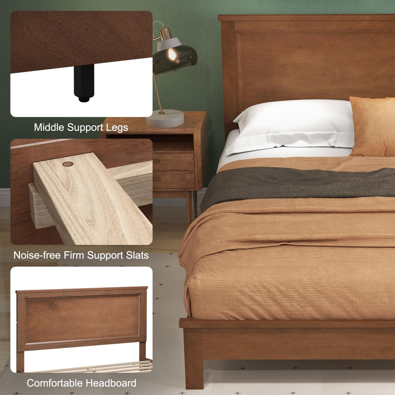 Giantex Solid Wood Twin Bed Frame with Headboard - Mid Century Modern Platform Bed with Wooden Slats & Sturdy Legs - Twin Size Bed for Kids & Adults - Walnut Finish - Perfect for Bedrooms, Guest Rooms & Dormitories