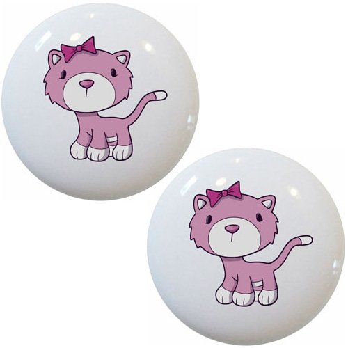 Set of 2 Pink Kitten Ceramic Cabinet Drawer Pull Knobs - Cute Cat Shaped Hardware for Kitchen, Bathroom & Furniture - Perfect for DIY Home Decor & Cabinet Upgrades