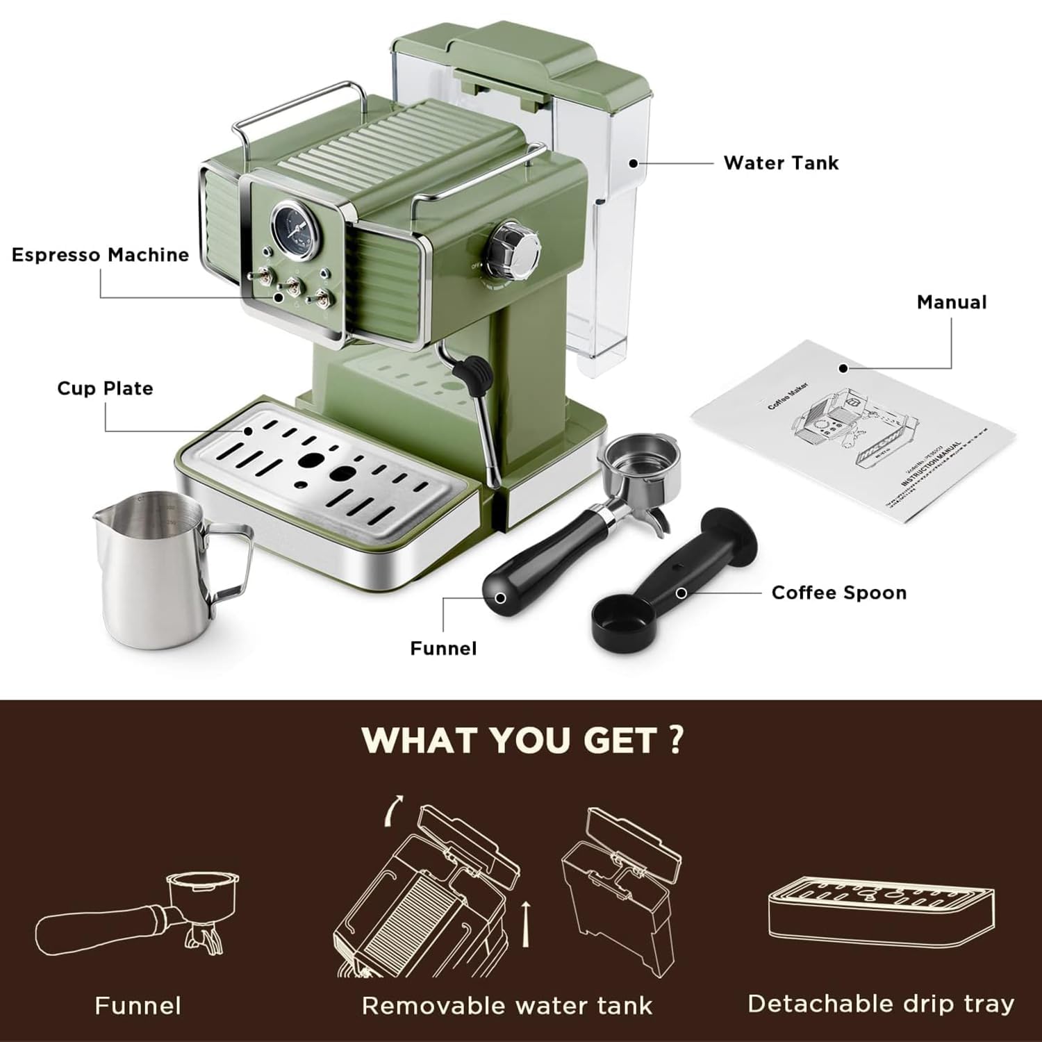 InfiniPower 15 Bar Espresso Machine with Milk Frother - 1350W Professional Coffee Maker for Cappuccino, Latte & Macchiato - 54oz Removable Water Tank - Home Barista Coffee Machine (Green) - Perfect for Kitchen, Office & Coffee Shop Use