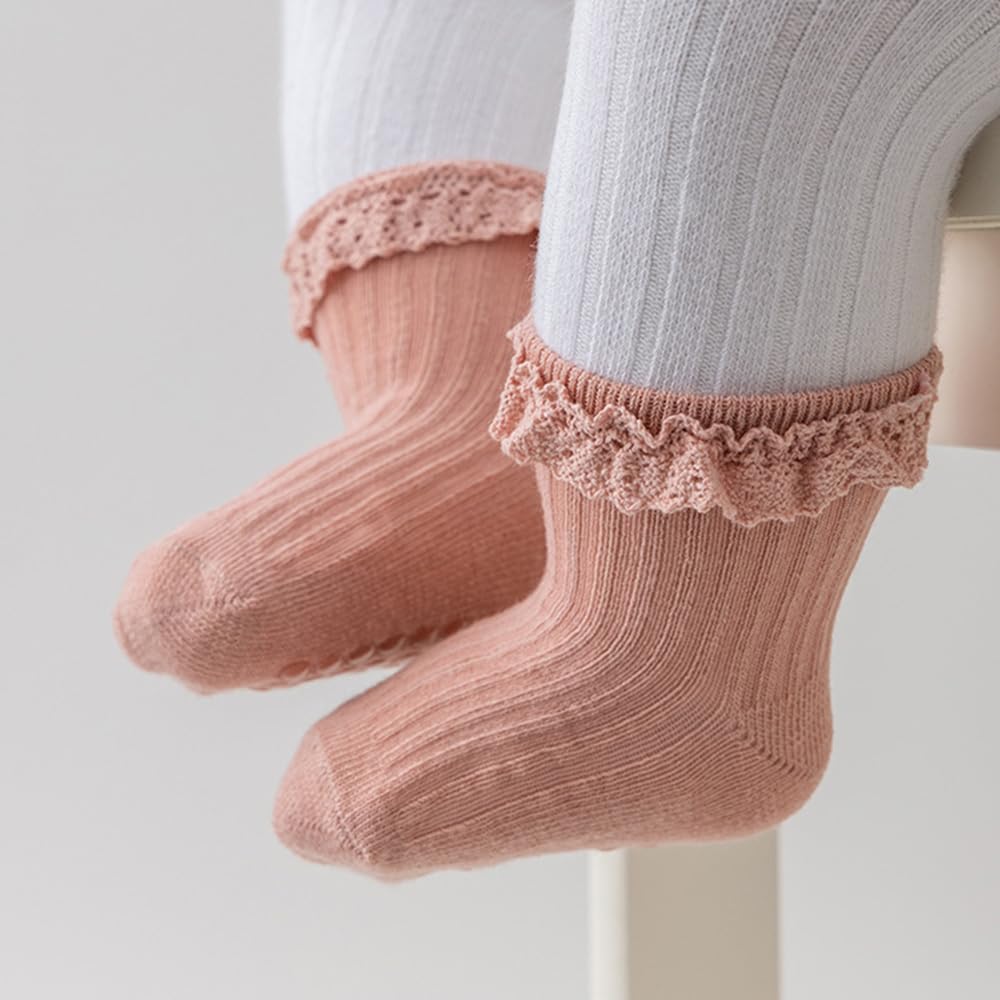 DRESHOW BQUBO Baby Girls Non-Slip Socks - Cute Ruffled Ankle Grip Socks for Infants & Toddlers | Soft & Safe for Crawling, Playtime & First Steps