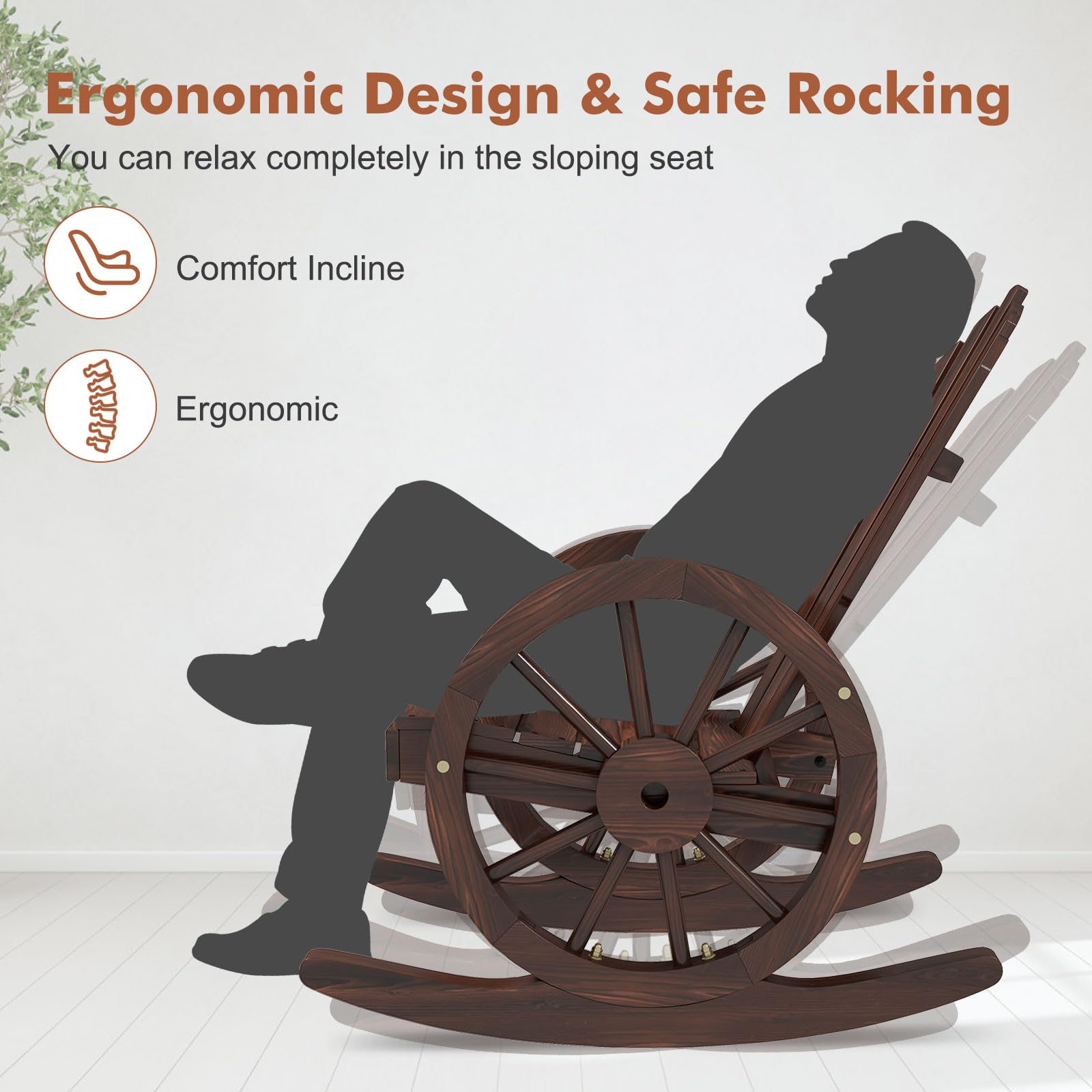 KINTESS Wooden Wagon Wheel Rocking Chair - Outdoor Patio Rocker with Armrests for Garden, Porch, Backyard & Relaxation | Durable Wooden Rocker for Comfortable Lounging