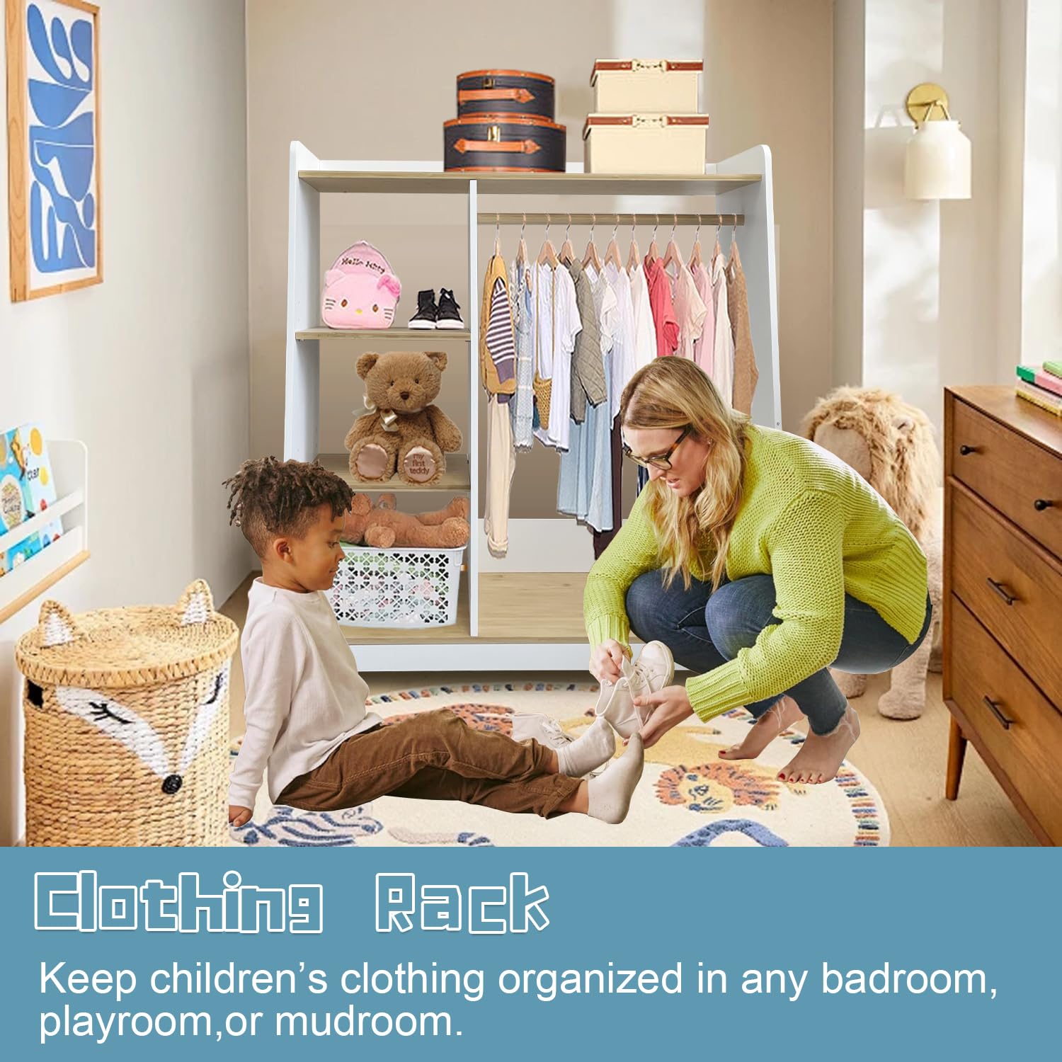 Kids Wardrobe & Dresser Set - White Baby Clothes Organizer with Hanging Armoire & Toddler Dress Up Rack | Nursery Storage Solution for Girls' Bedroom | Space-Saving Kids Closet for Clothes, Toys & Accessories