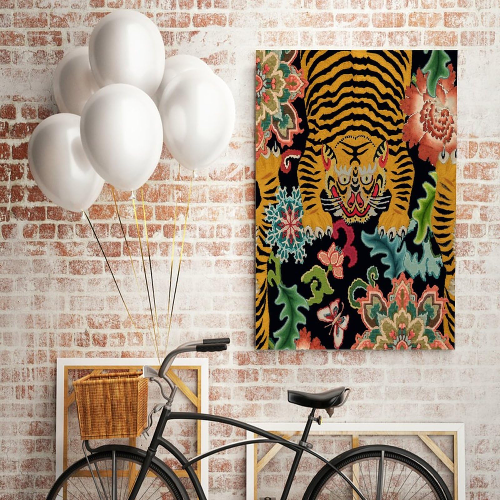 Vibrant Tiger & Chinoiserie Floral Canvas Wall Art - Asian Style Framed Print Decor for Living Room, Bedroom, Office - Ready to Hang 8x12 Inch - Perfect for Home Decor, Housewarming Gifts & Interior Design