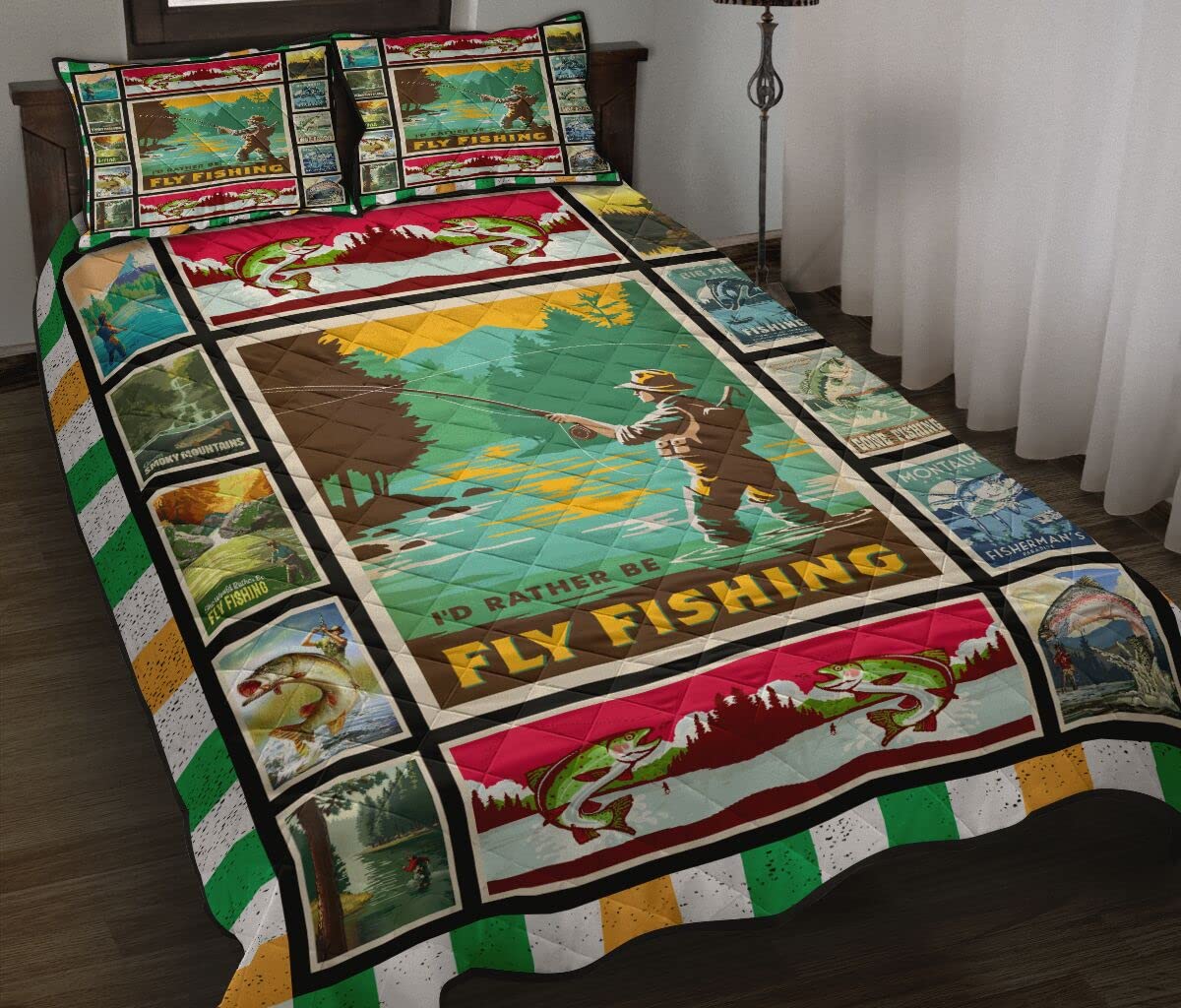 Personalized Fishing Quilt Bedding Set for Men Women - I'd Rather Be Fly Fishing Design - Hunting & Fishing Themed Bed Set - Perfect Gift for Fisherman, Outdoors Lovers & Teen Boys - Cozy Bedroom Decor for Cabin, RV or Lodge
