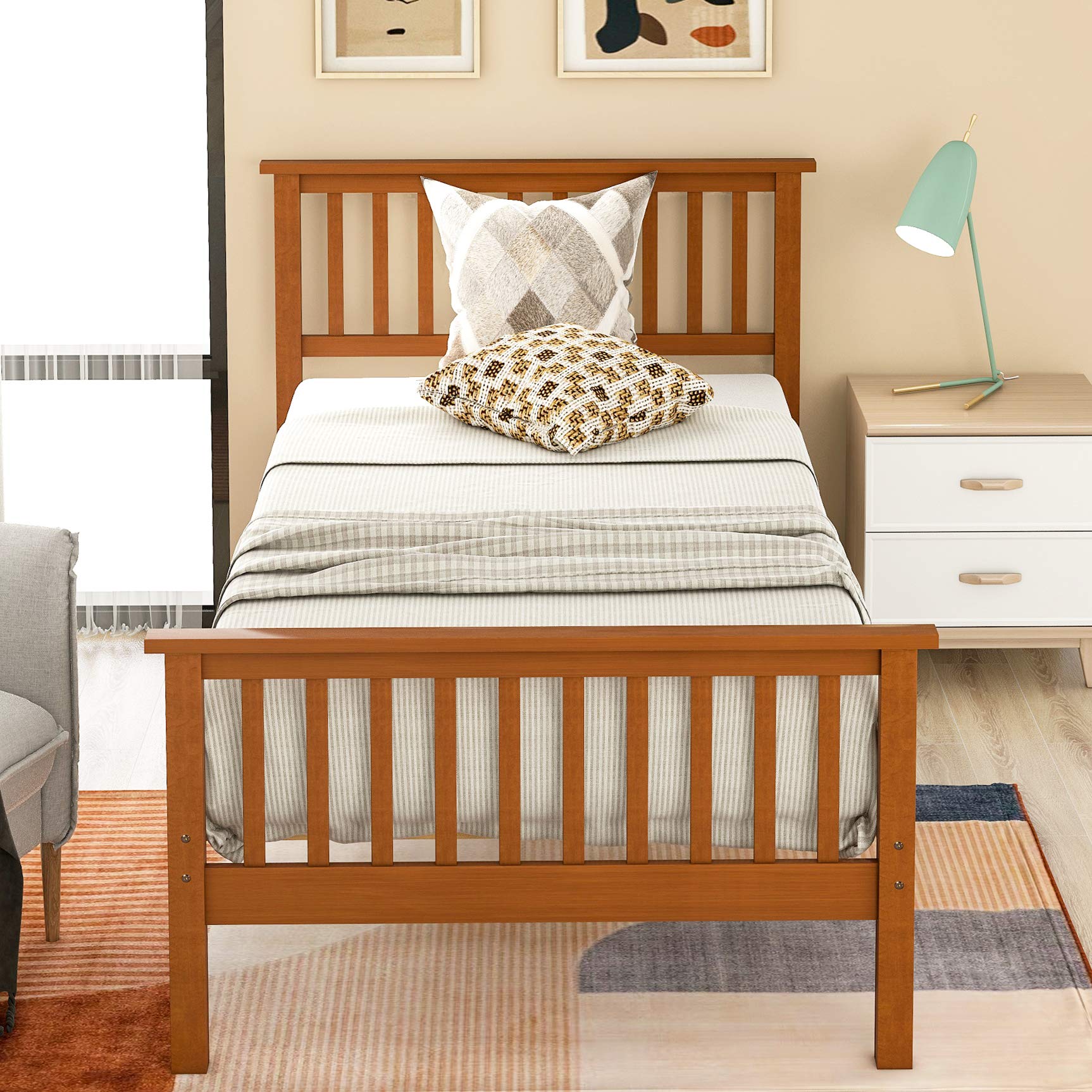 Harper & Bright Designs Solid Wood Twin Bed Frame with Headboard & Footboard - No Box Spring Needed, Sturdy Platform Bed for Kids & Teens - Perfect for Bedrooms, Guest Rooms & Dormitories (Oak Finish)