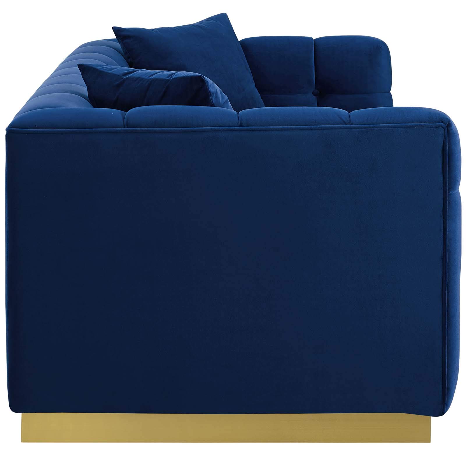 Modway Vivacious Square Tufted Upholstered Performance Velvet Sofa with Two Throw Pillows in Navy - Luxurious Velvet Living Room Couch for Modern Home Decor, Perfect for Lounge, Entertaining Guests & Cozy Movie Nights