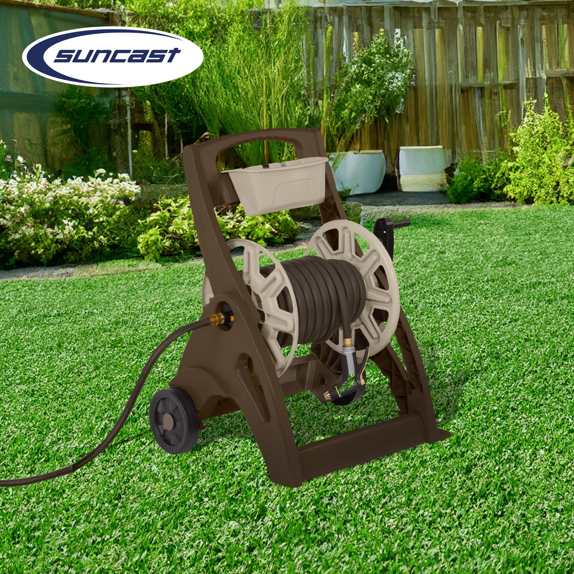 Suncast Hosemobile Portable Garden Hose Reel Cart with Wheels - Heavy Duty 225 ft Capacity, Crank Handle & Storage Tray - Ideal for Lawn Care, Gardening, and Outdoor Watering - Mocha Brown (Perfect for Backyards, Patios, and Large Gardens)