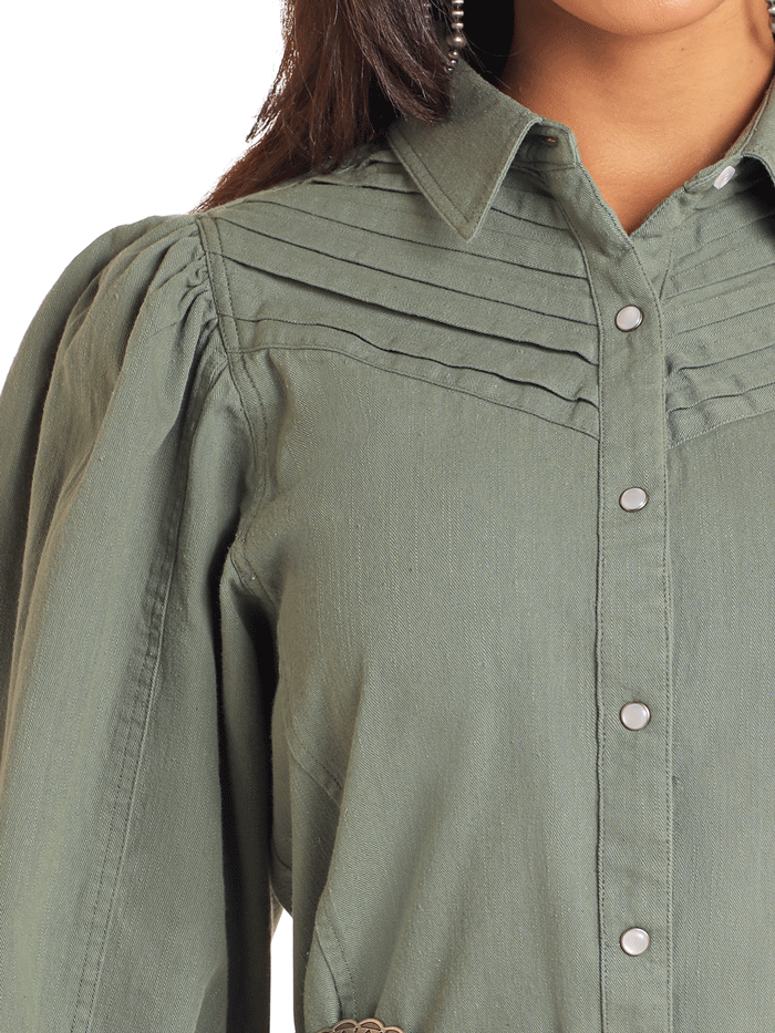 Rock & Roll Denim Womens Pleated Balloon Sleeve Dress - Olive Green Casual Chic Dress for Party, Date Night & Office Wear