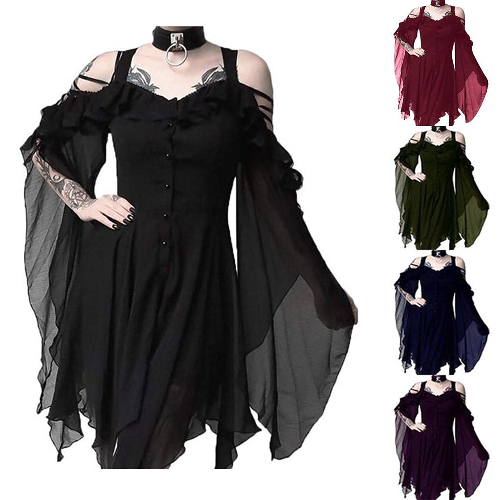 Oiumov Women's Plus Size Gothic Lace Up Ruffle Sleeve Off Shoulder Vintage Dress for Cocktail Party | Elegant Gothic Fashion for Evening Events, Date Nights & Halloween Costumes
