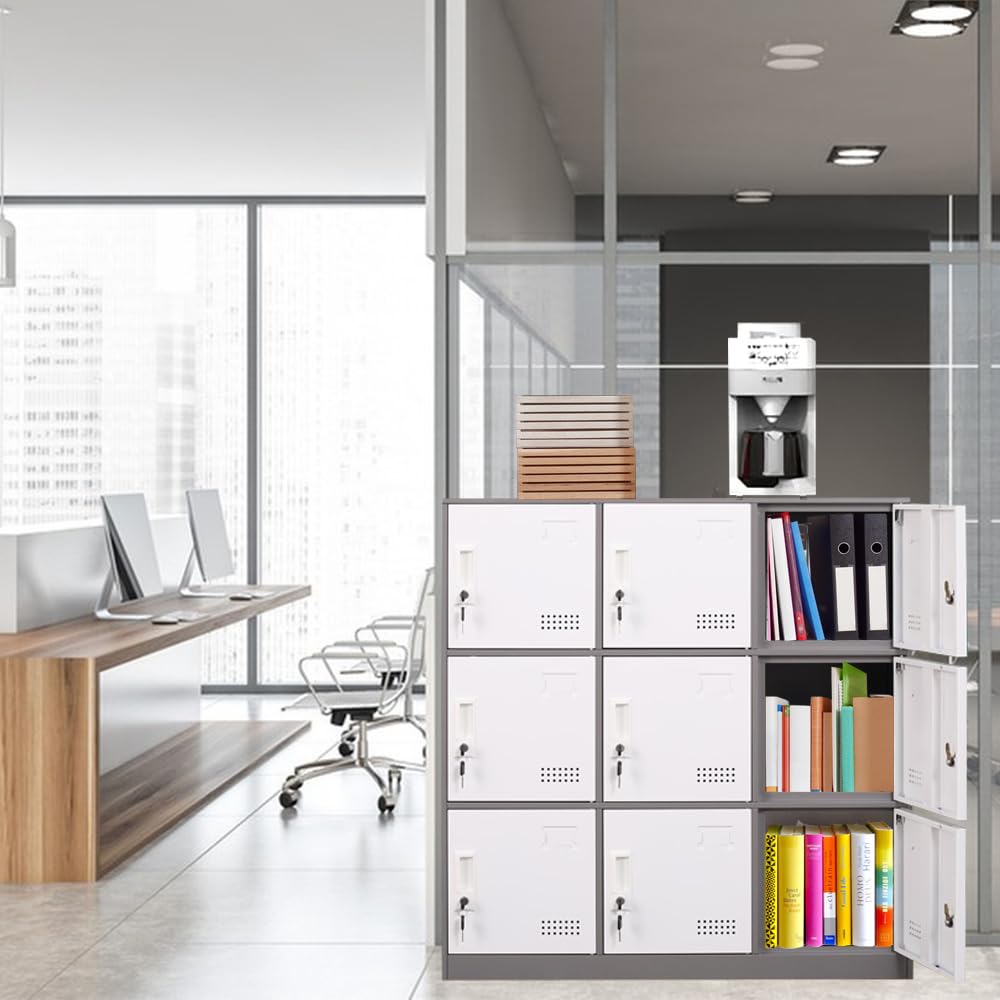 9-Door Metal Locker Storage Cabinet - Heavy Duty Steel Employee Lockers with Key Lock & Ventilation - Secure Office, School & Gym Storage Organizer for Clothes, Equipment & Personal Items