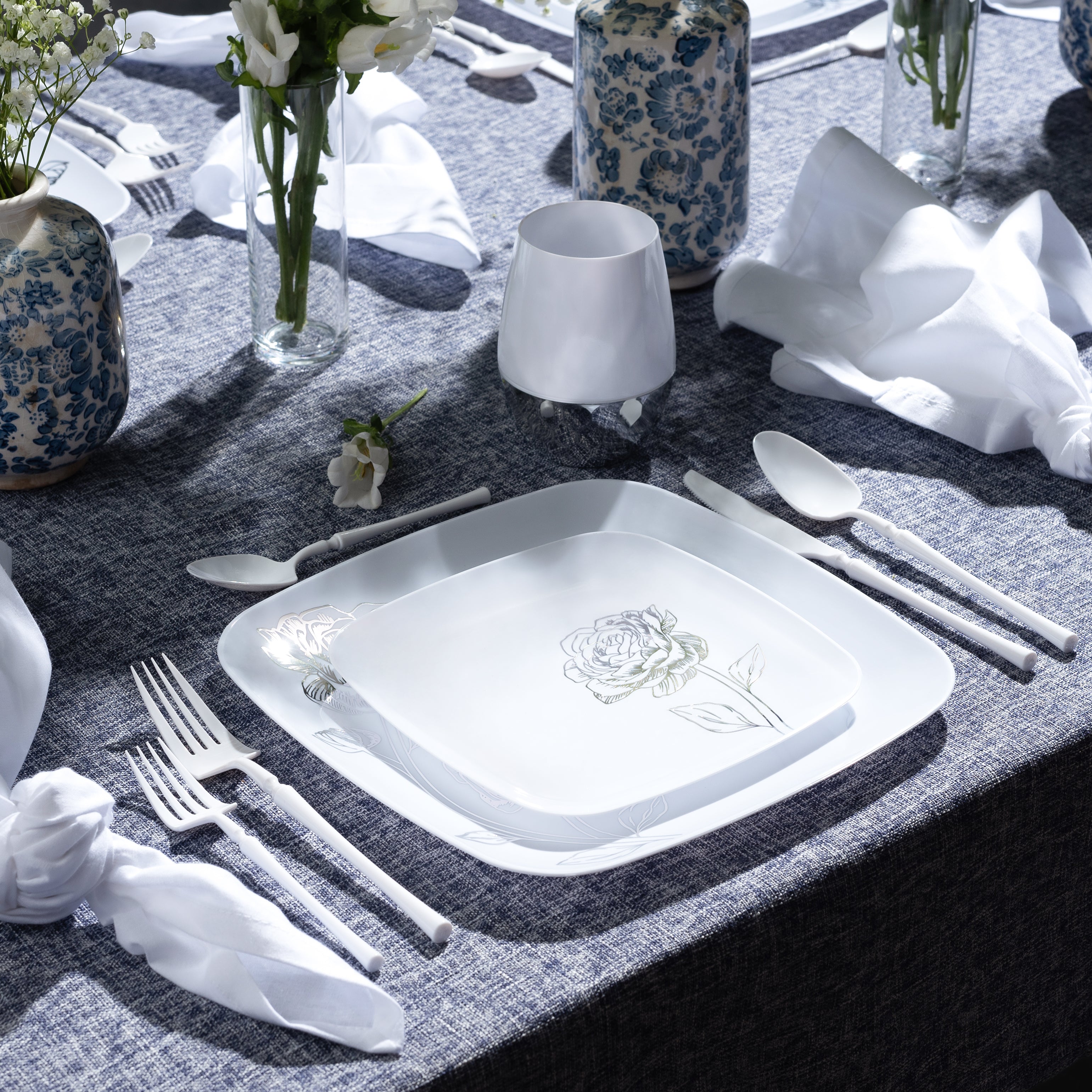 32-Piece White & Silver Square Plastic Dinnerware Set - 16 Place Settings - Shatterproof & Elegant for Parties, Picnics, and Outdoor Dining - Perfect for Weddings, BBQs, and Special Events