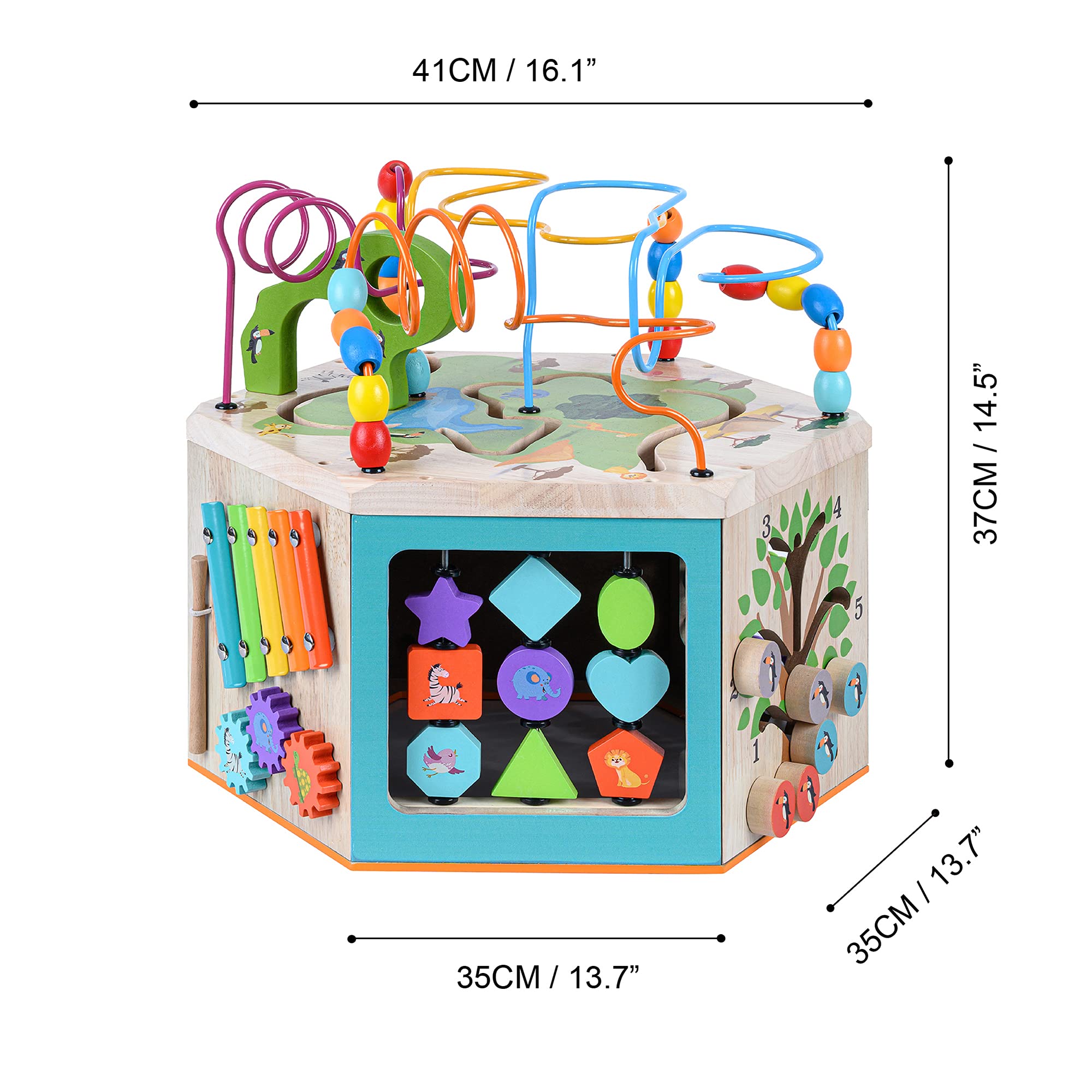 Teamson Kids Preschool Play Lab 7-in-1 Large Wooden Activity Cube - Bead Maze, Counting Toys & Learning Station for Toddlers & Babies (Natural Wood) - Perfect for Early Childhood Development & Montessori Playrooms