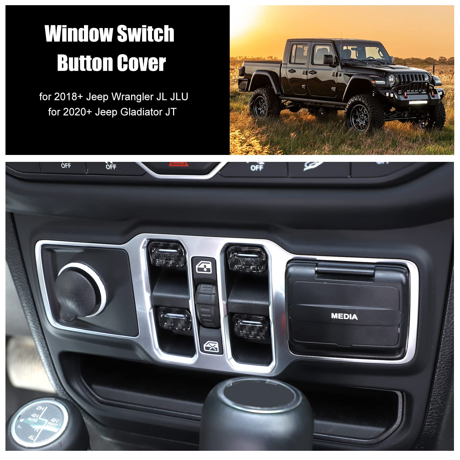 4PCS Carbon Fiber Window Switch Button Cover Trim for Jeep Wrangler JL JLU & Gladiator JT (2018-2024) - Interior Accessories Upgrade for Enhanced Style & Protection
