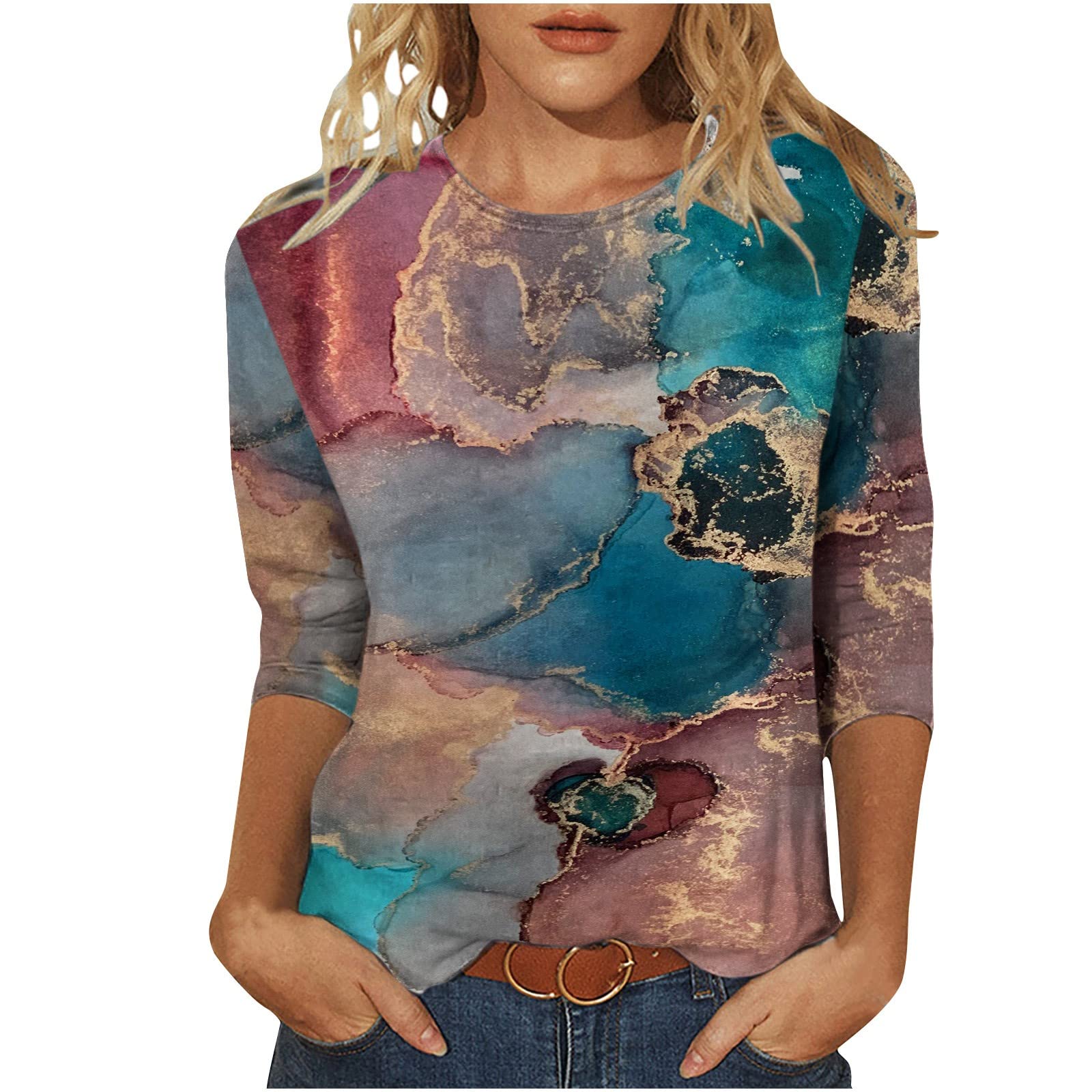 Women's 3/4 Sleeve Summer Blouses - Landscape Printed Crewneck Tunic Tops - Lightweight & Comfortable Casual Shirts for Work, Travel & Outdoor Activities