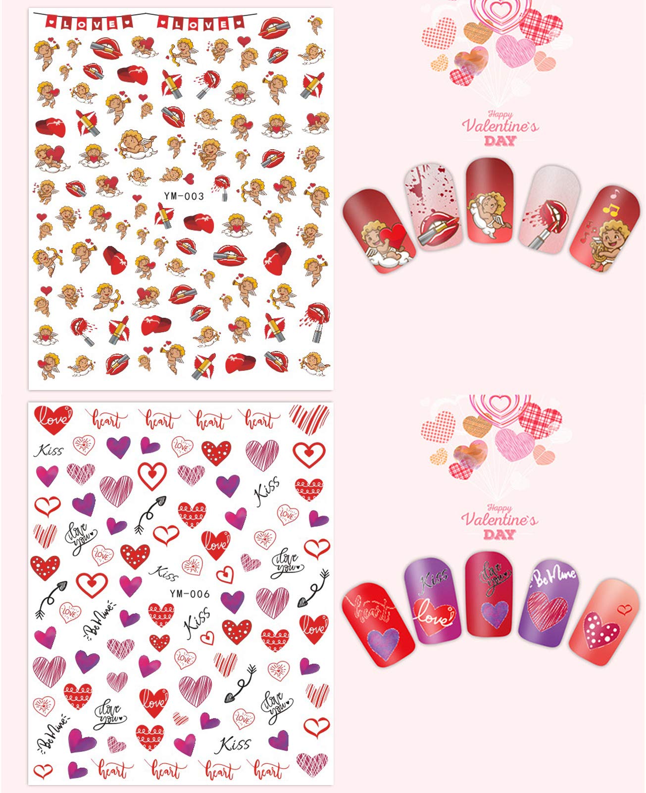 3D Heart Nail Stickers for Valentine's Day - Self-Adhesive Nail Art Decals with Love Kiss, Angel & Baby Designs for Women, Girls & Kids (12 Sheets) - Perfect for Valentine's Gifts, Date Nights & Nail Salon Decorations