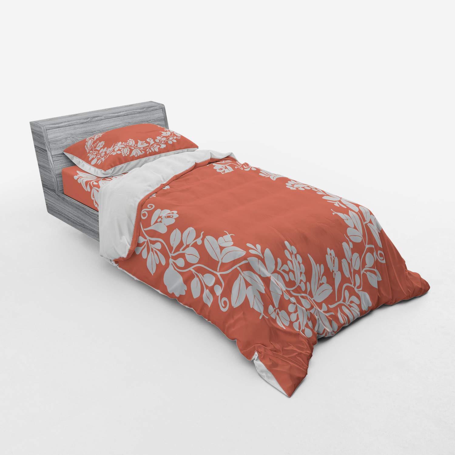 Ambesonne Spring Floral Botanical Bedding Set - 3 Piece Duvet Cover with Sham & Fitted Sheet, Twin XL, Salmon & White Monochrome Wreath Design - Perfect for Spring Refresh, Guest Room Makeover & Cozy Bedroom Decor