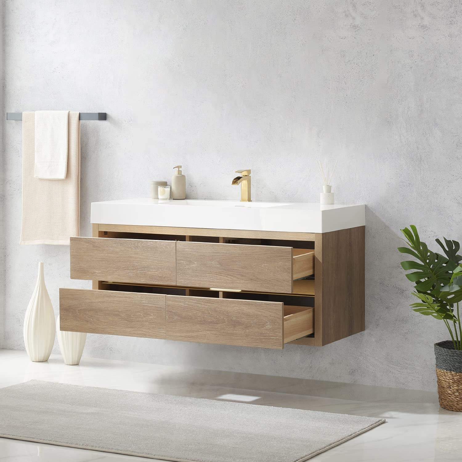 VINNOVA Palencia Bathroom Vanity with Sink - Solid North American Oak Wood - Modern Bathroom Furniture for Home Renovation & Luxury Bathroom Design