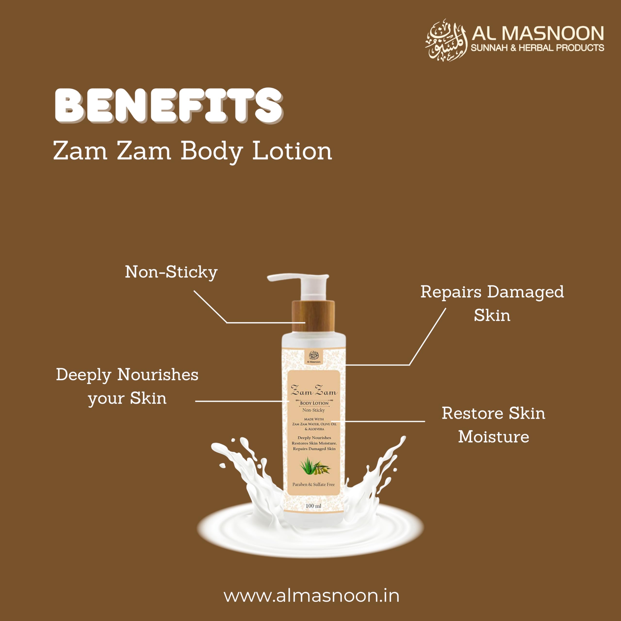 AL MASNOON Zam Zam Body Lotion with Zam Zam Water, Olive Oil & Aloe Vera - 100ml, Paraben & Sulfate Free - Hydrating & Nourishing for Dry Skin - Perfect for Daily Moisturizing & After-Shower Care