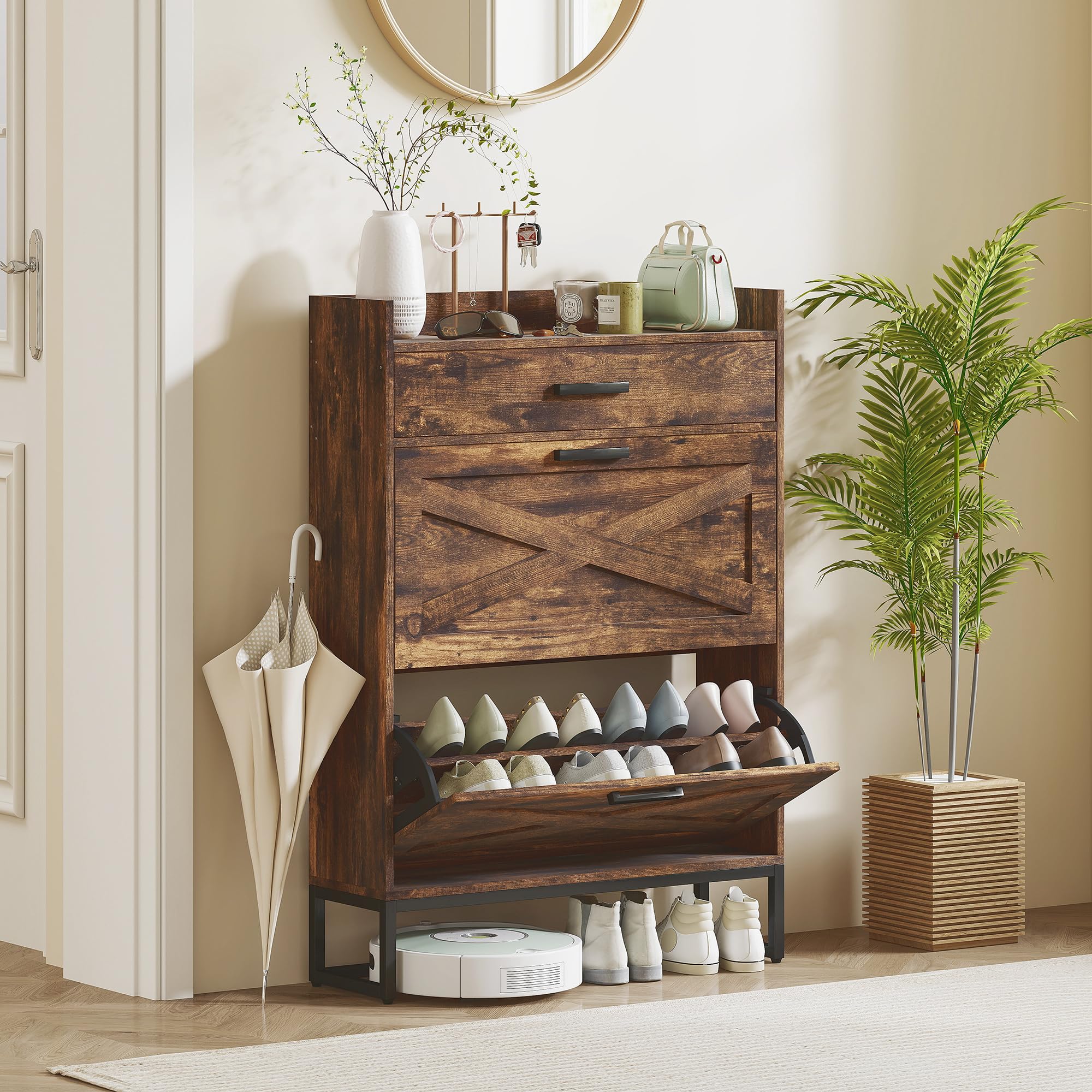 HOMCOM 12-Pair Narrow Shoe Storage Cabinet with Adjustable Shelves & 2 Flip Drawers - Farmhouse Style Entryway Shoe Organizer for Hallway, Closet, or Mudroom - Rustic Brown Wooden Shoe Rack for Small Spaces