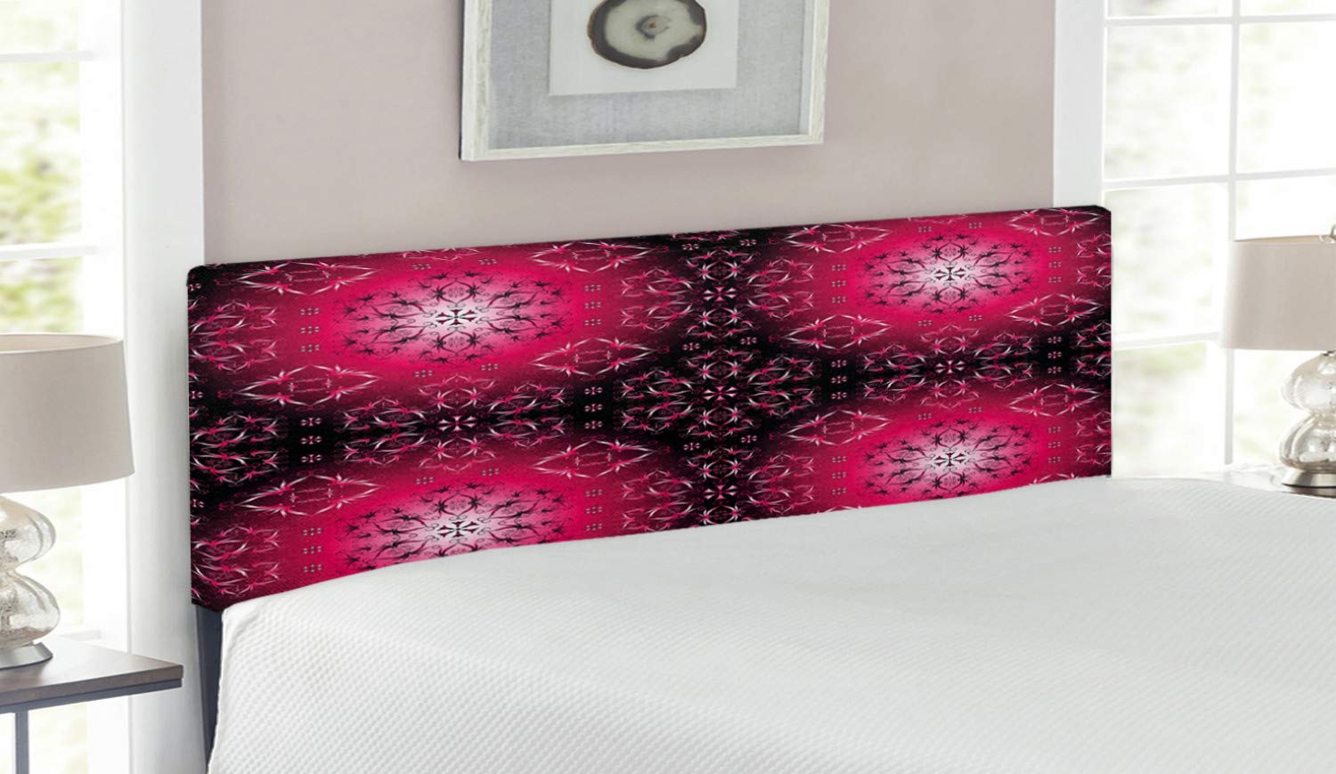 Ambesonne Purple Mandala Headboard - Vintage Psychedelic Ornamental Metal Bed Frame with Memory Foam | Queen Size Upholstered Headboard in Maroon & Hot Pink | Perfect for Bohemian & Vintage Bedroom Decor