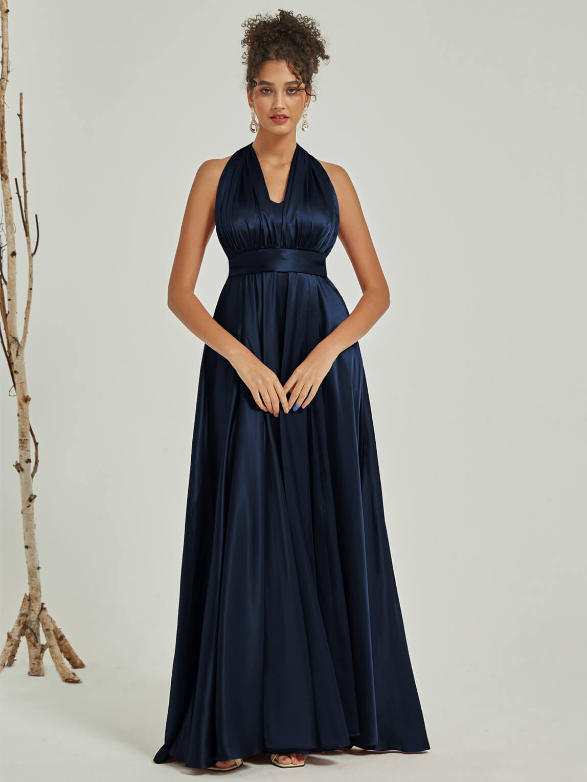 Elegant Dark Navy Satin Convertible Bridesmaid Dress - Multi-Way Wrap A-Line Gown for Weddings, Parties & Formal Events