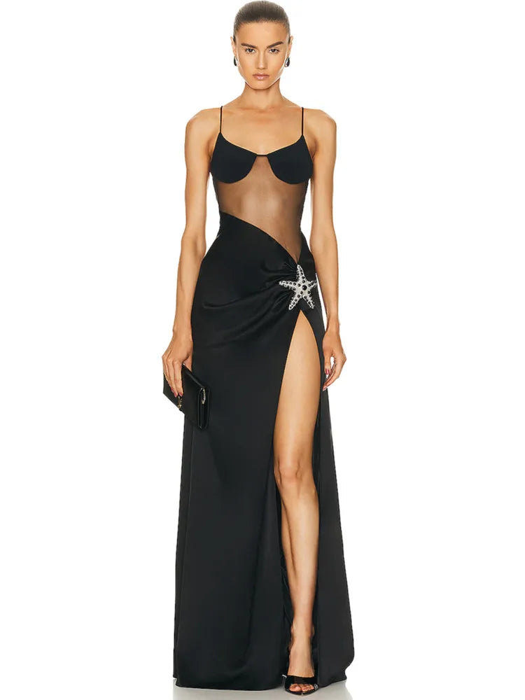 Sexy V-Neck Starfish Black Split Maxi Bandage Dress for Women | Elegant Evening Club Party Dress | Summer Fashion, Beach Wedding, Cocktail Night Out
