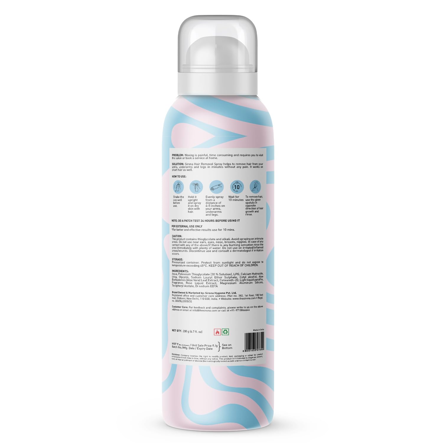 Sirona Hair Removal Spray Foam with Aloe Vera & Rose Extract | 10-Minute Hair Remover for Legs, Arms & Underarms | Paraben-Free & Dermatologist Tested | 200ml | Smooth Skin for Summer Dresses & Beach Vacations