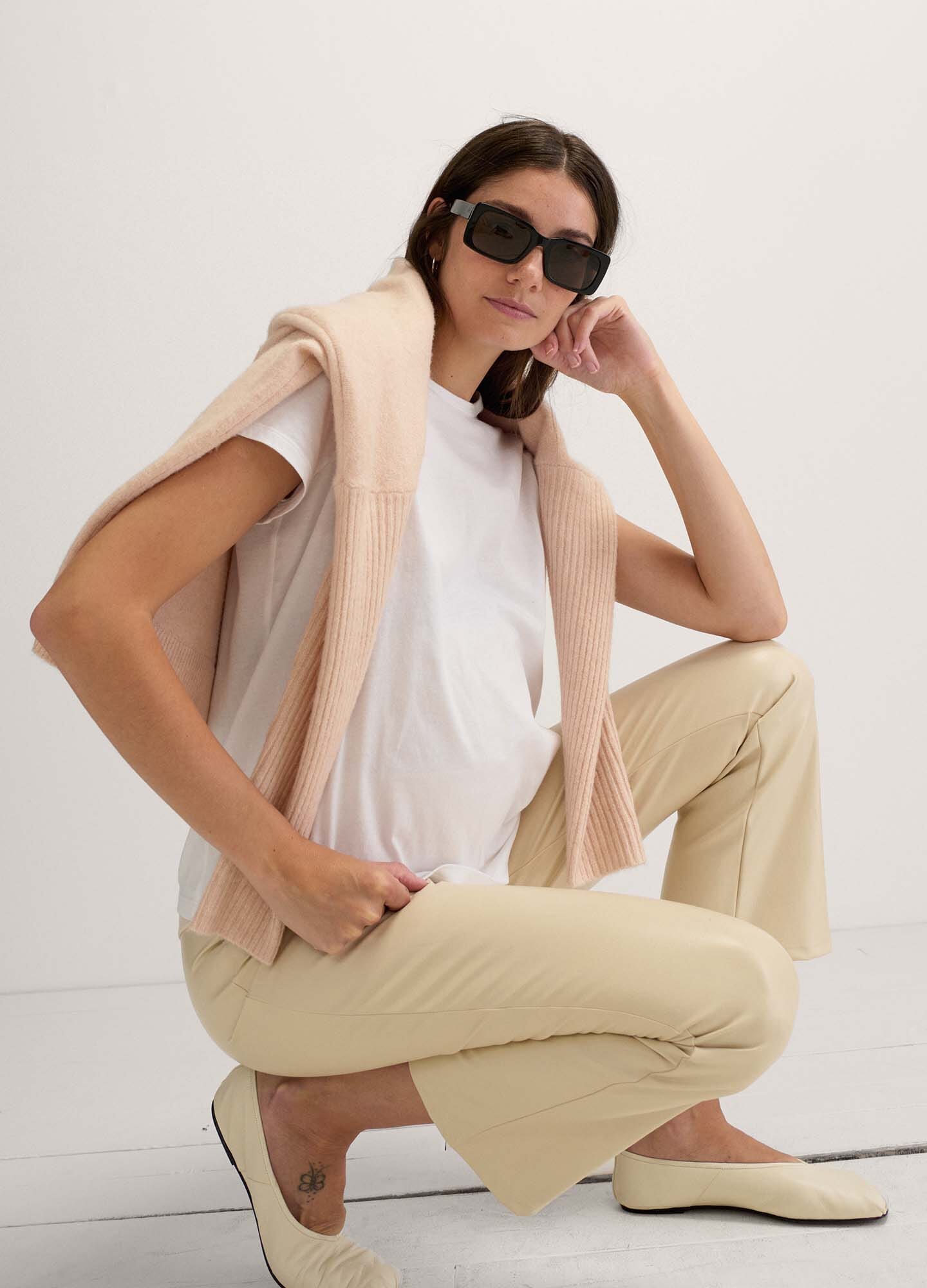 Vegan Stretch Leather Crop Flare Pants - Women's High Waisted Faux Leather Trousers for Casual Wear & Night Out