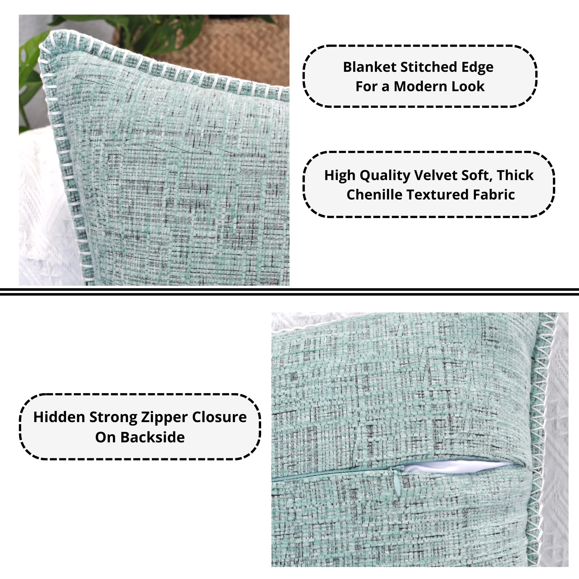 18x18 Inch Mint Green Chenille Pillow Covers Set of 2 - Soft Textured Decorative Square Cushion Covers for Sofa, Couch & Living Room Decor | Cozy Home Accessories for Modern Farmhouse, Apartment & Bedroom Styling