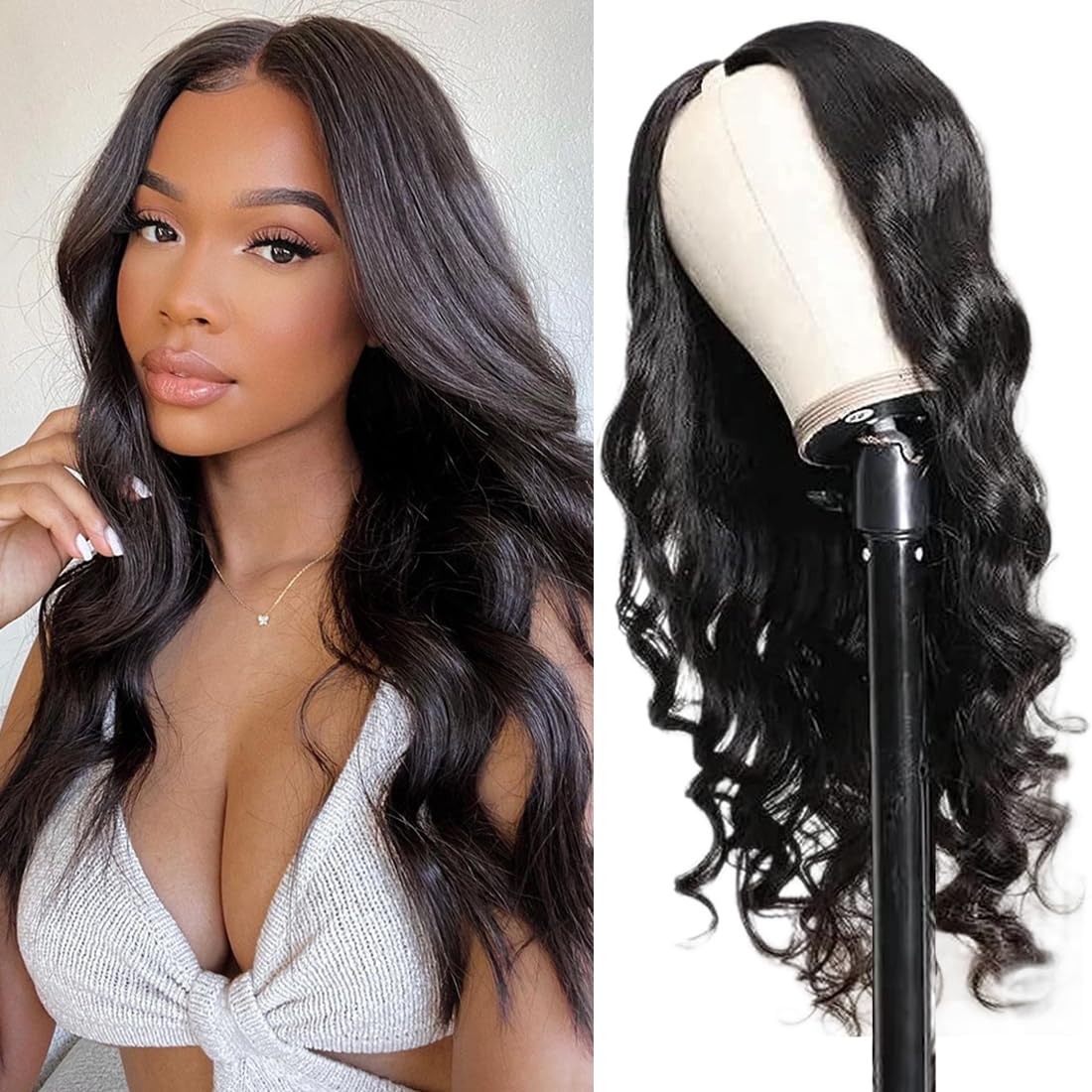 V Part Human Hair Wig 20 Inch - Body Wave Glueless Half Wig for Black Women | 180% Density Natural Color | Minimal Leave Out, Full Head Clip-In | Perfect for Daily Wear, Parties & Special Occasions
