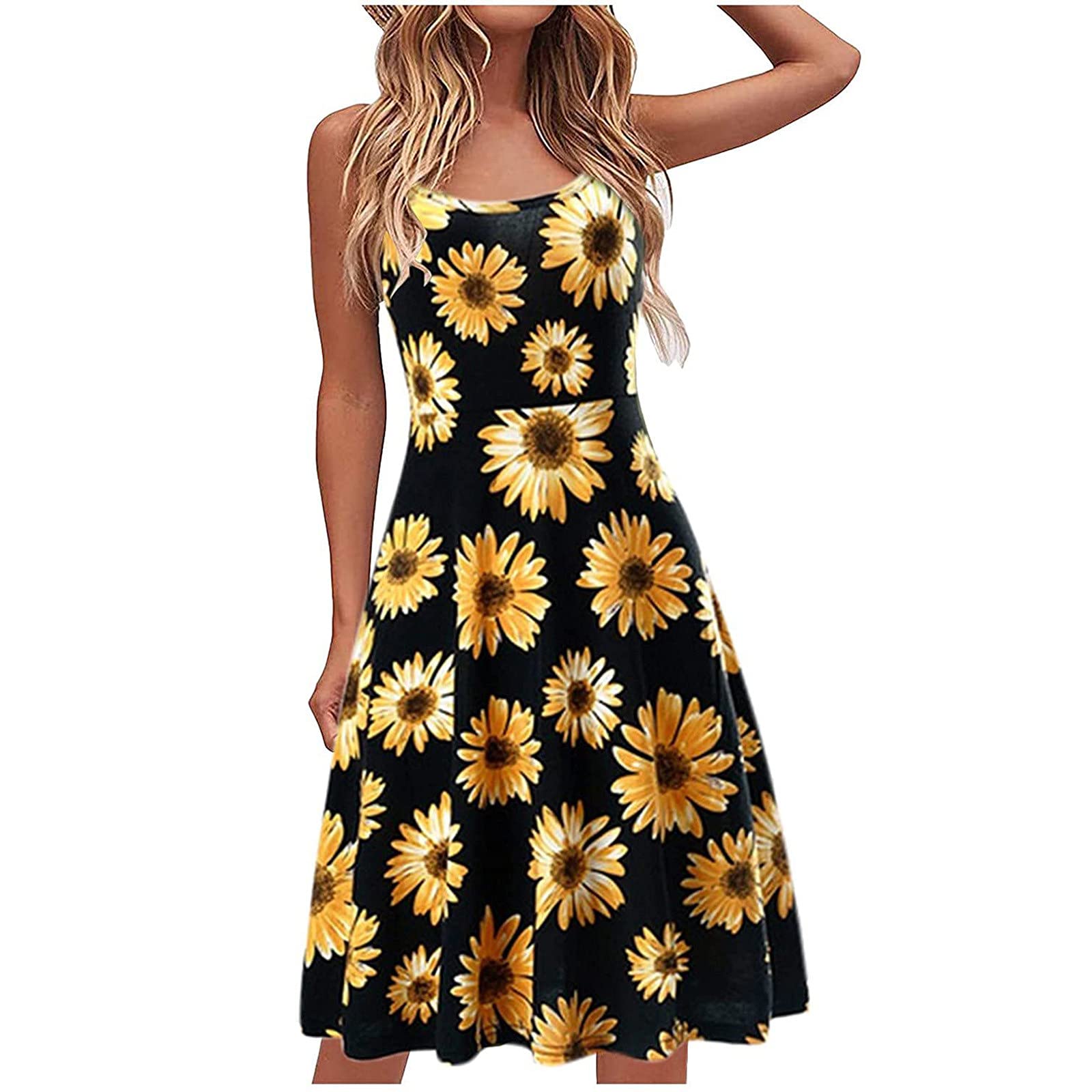 Sexy Sunflower Print Sleeveless A-Line Dress for Women - O-Neck Slip Strap Summer Dress 2022 | Perfect for Beach Vacation, Date Night & Mother's Day Gifts