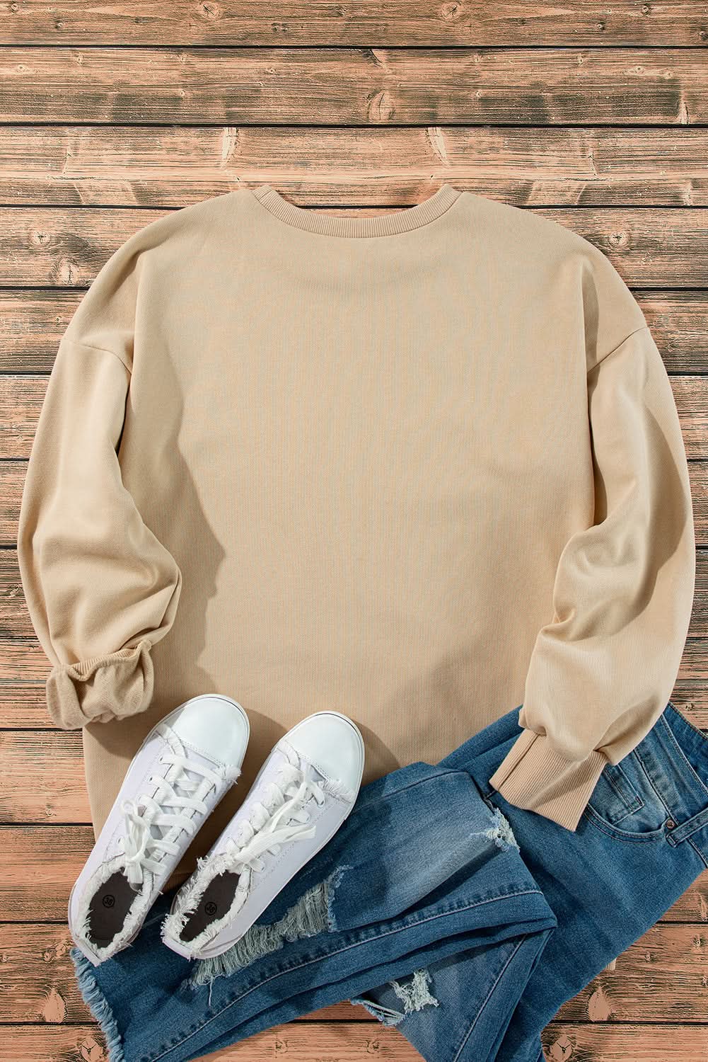 Apricot Solid Fleece Lined Drop Shoulder High Low Sweatshirt for Women - Cozy Oversized Pullover for Casual Wear, Street Style & Loungewear