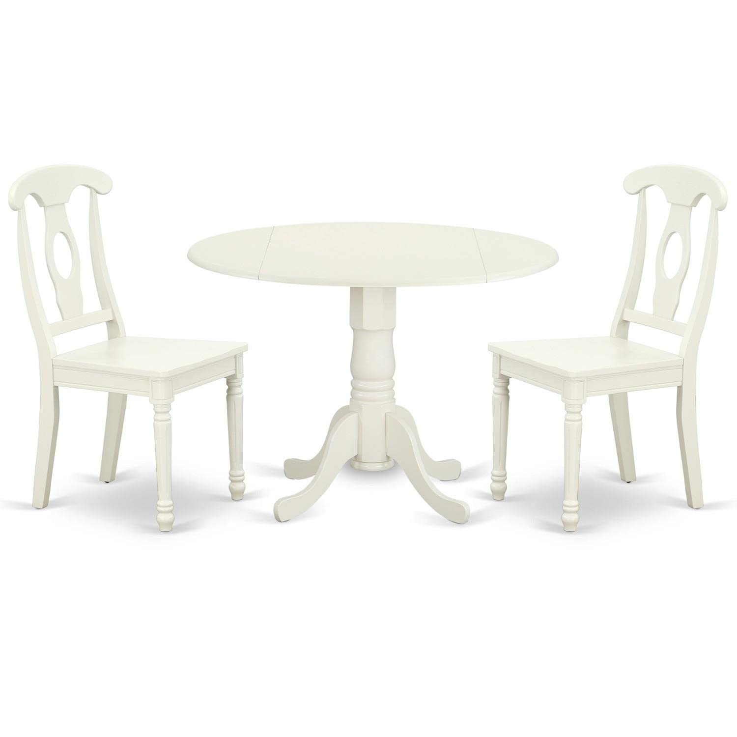 East West Furniture DLKE3-LWH-W 3 Piece White Linen Dining Set - 42 Inch Round Drop Leaf Kitchen Table with 2 Chairs | Perfect for Small Spaces, Breakfast Nooks & Cozy Apartments